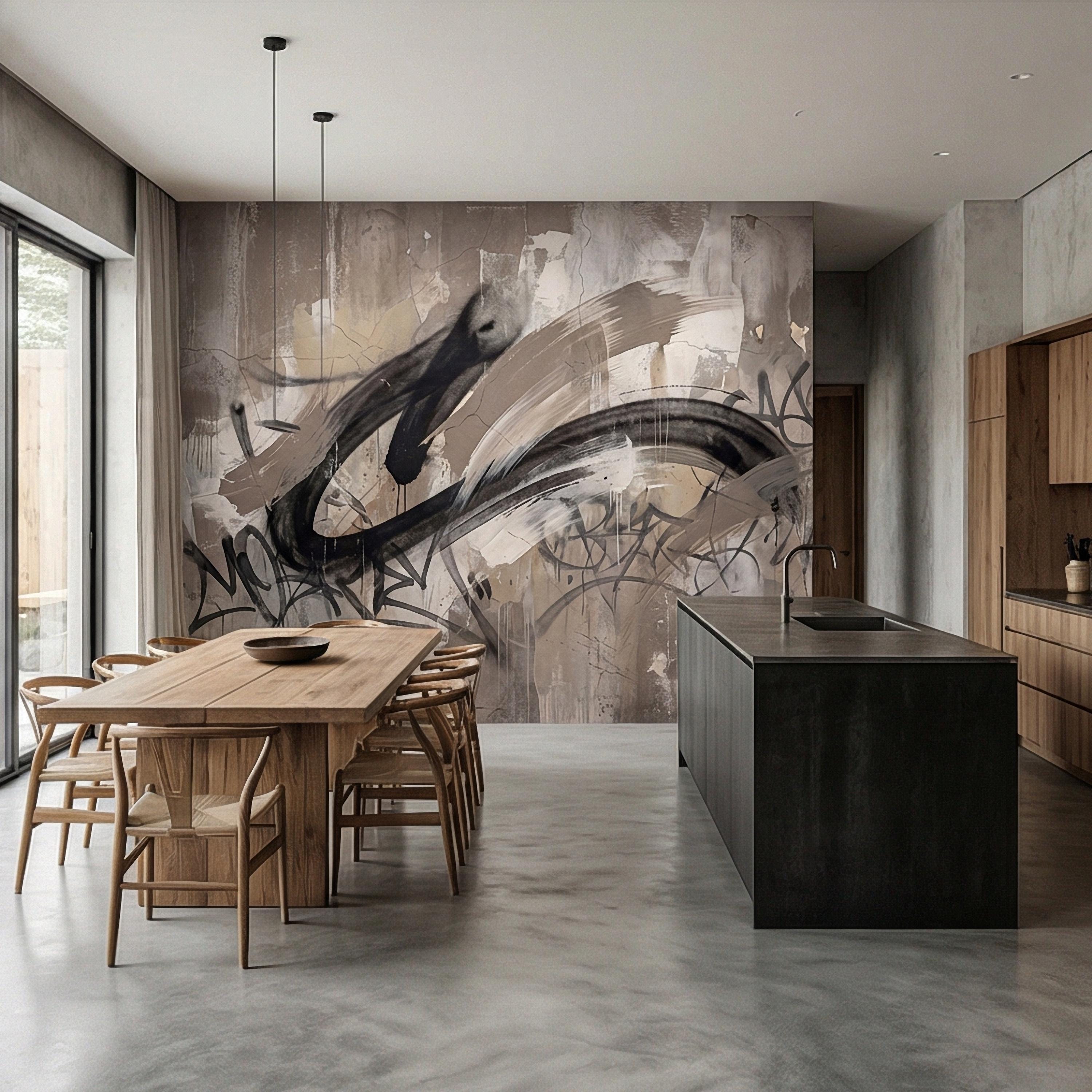 Neutral Graffiti Peel and Stick Wall Mural, Abstract Street Art Loft, Monochrome Industrial Concrete Wallpaper