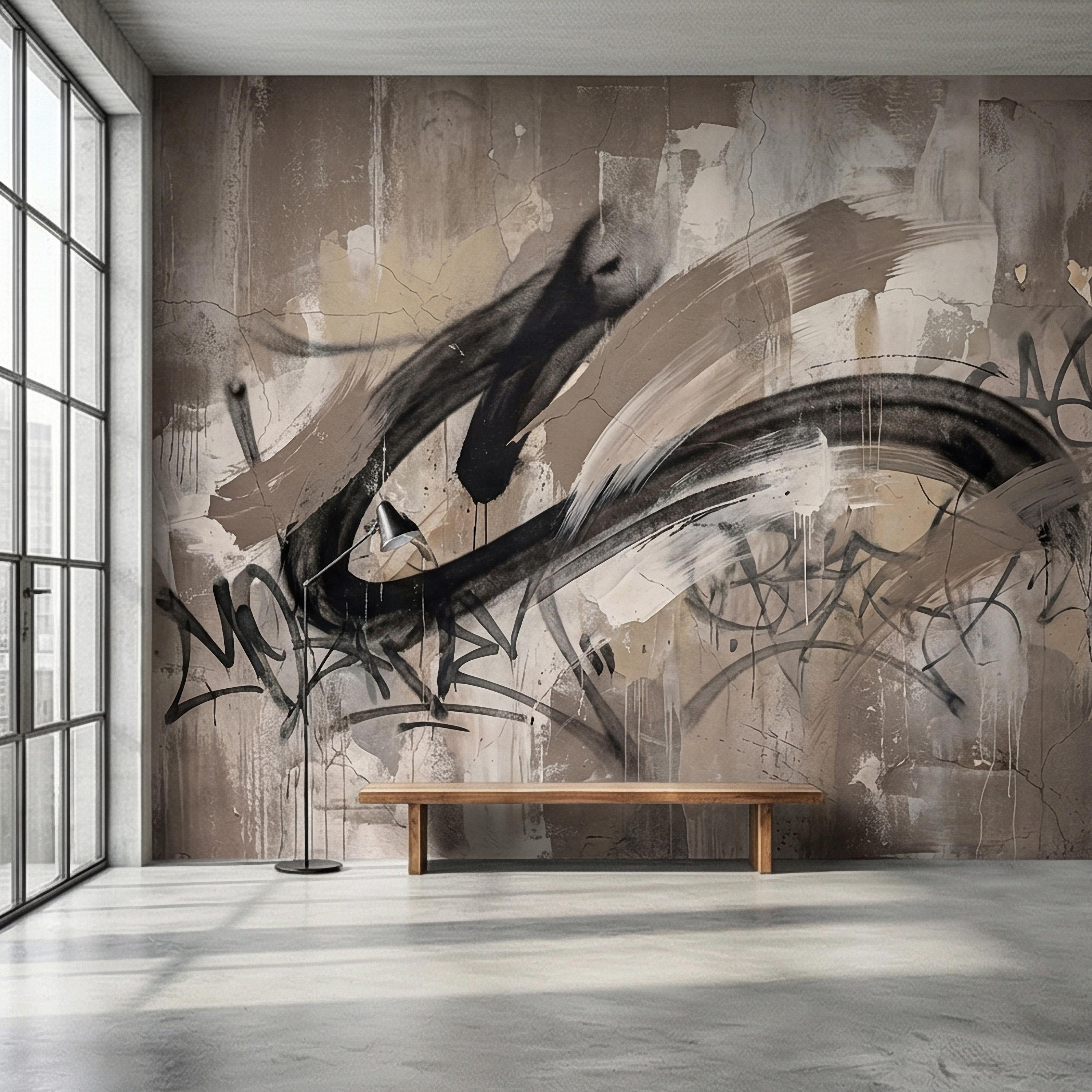 Neutral Graffiti Peel and Stick Wall Mural, Abstract Street Art Loft, Monochrome Industrial Concrete Wallpaper