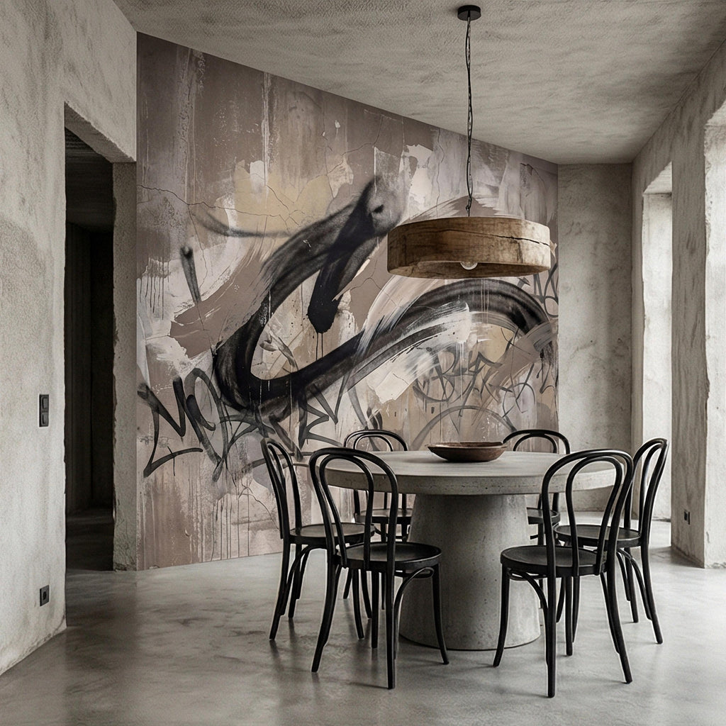 Neutral Graffiti Peel and Stick Wall Mural, Abstract Street Art Loft, Monochrome Industrial Concrete Wallpaper