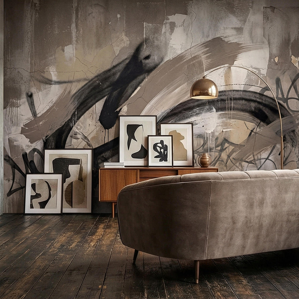 Neutral Graffiti Peel and Stick Wall Mural, Abstract Street Art Loft, Monochrome Industrial Concrete Wallpaper