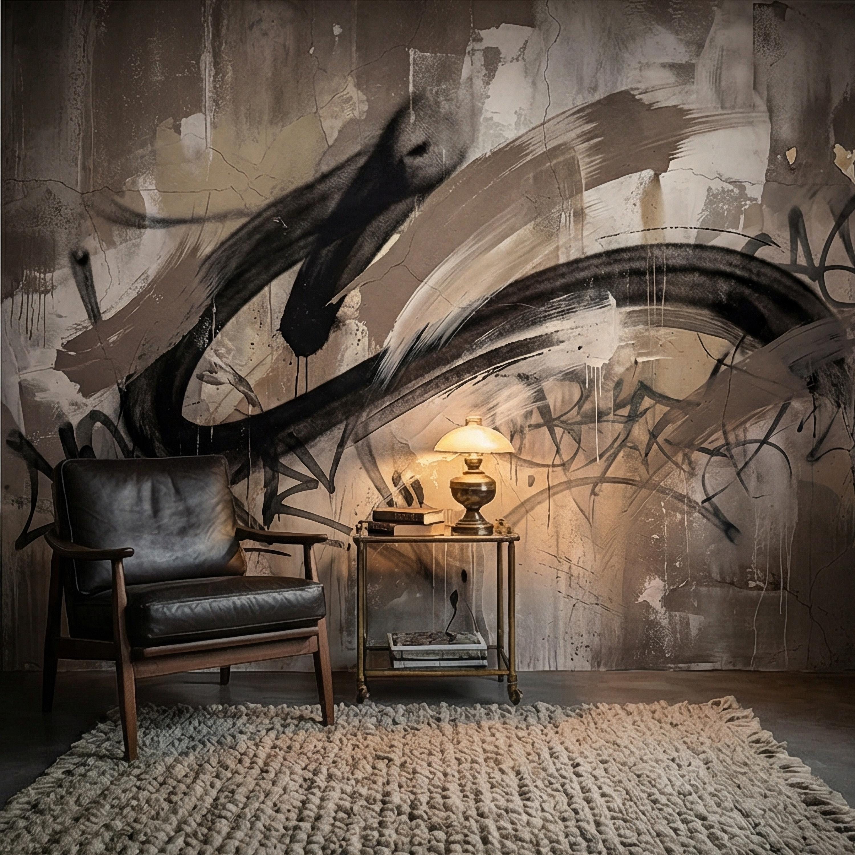 Neutral Graffiti Peel and Stick Wall Mural, Abstract Street Art Loft, Monochrome Industrial Concrete Wallpaper