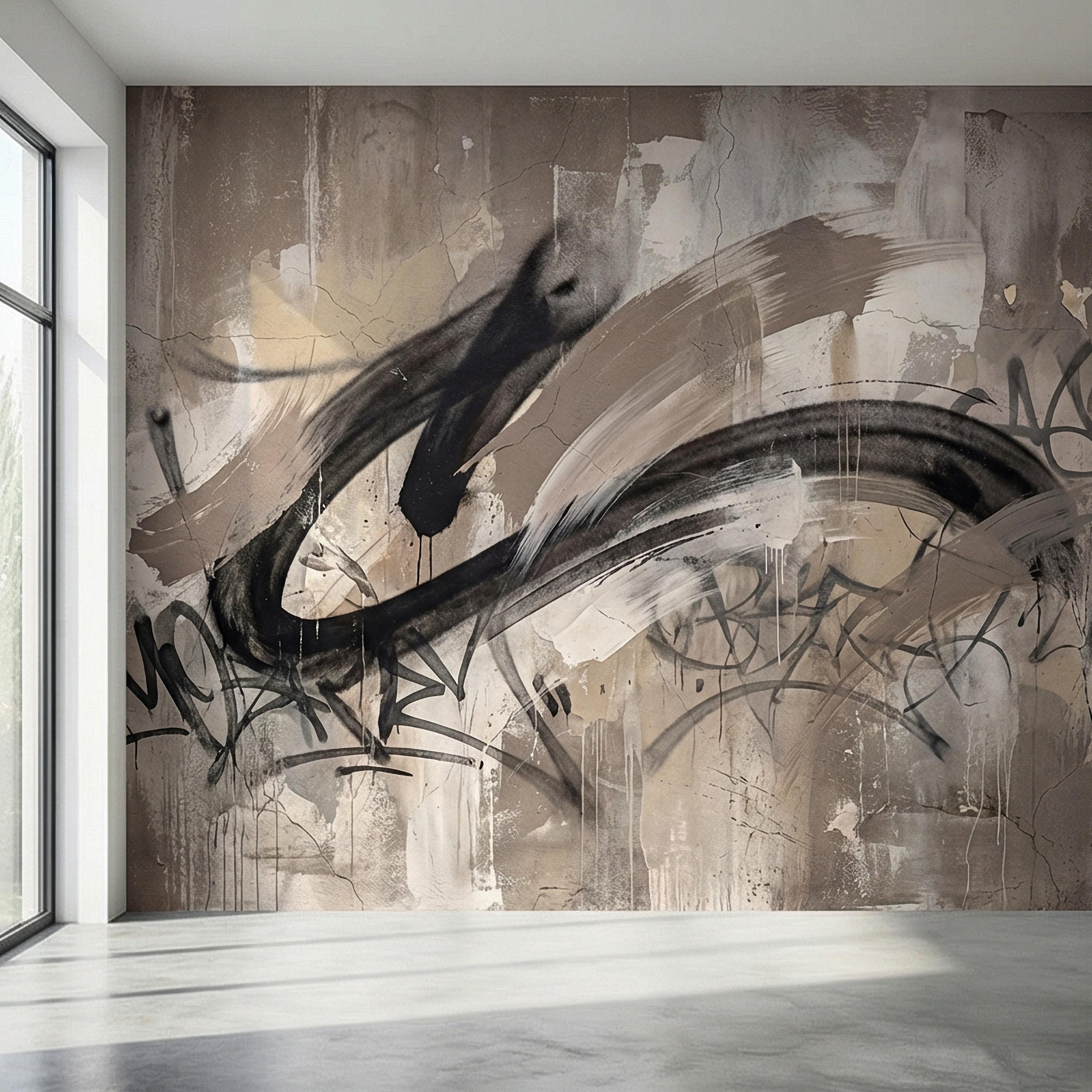 Neutral Graffiti Peel and Stick Wall Mural, Abstract Street Art Loft, Monochrome Industrial Concrete Wallpaper