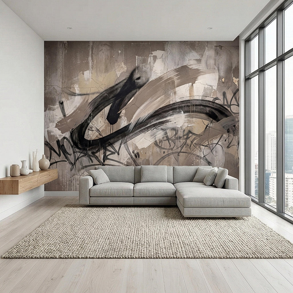 Neutral Graffiti Peel and Stick Wall Mural, Abstract Street Art Loft, Monochrome Industrial Concrete Wallpaper