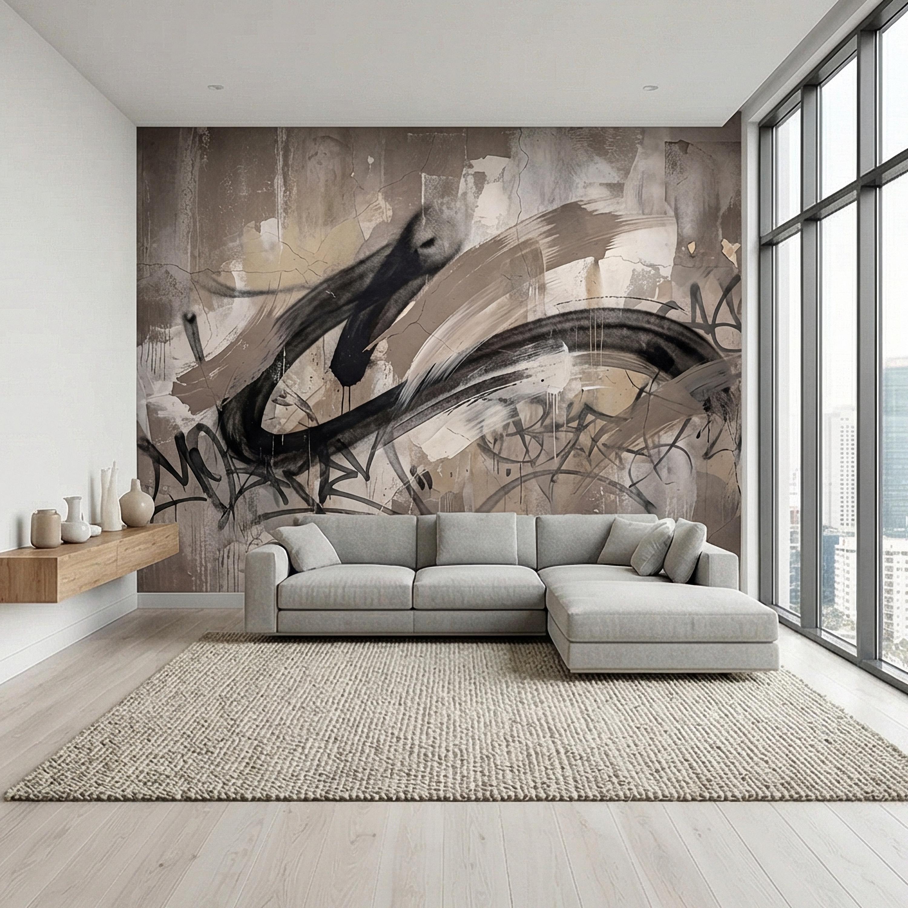 Neutral Graffiti Peel and Stick Wall Mural, Abstract Street Art Loft, Monochrome Industrial Concrete Wallpaper
