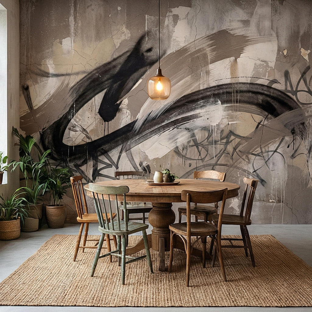 Neutral Graffiti Peel and Stick Wall Mural, Abstract Street Art Loft, Monochrome Industrial Concrete Wallpaper
