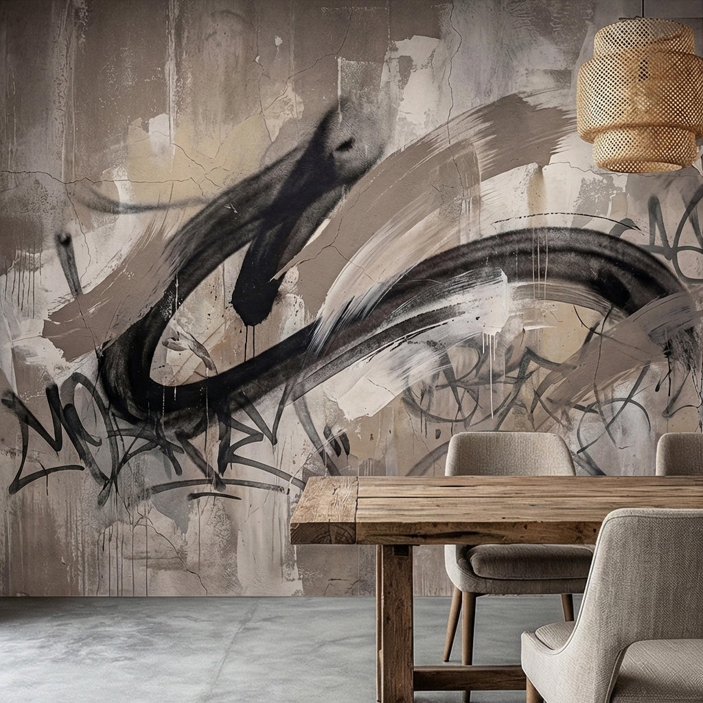 Neutral Graffiti Peel and Stick Wall Mural, Abstract Street Art Loft, Monochrome Industrial Concrete Wallpaper