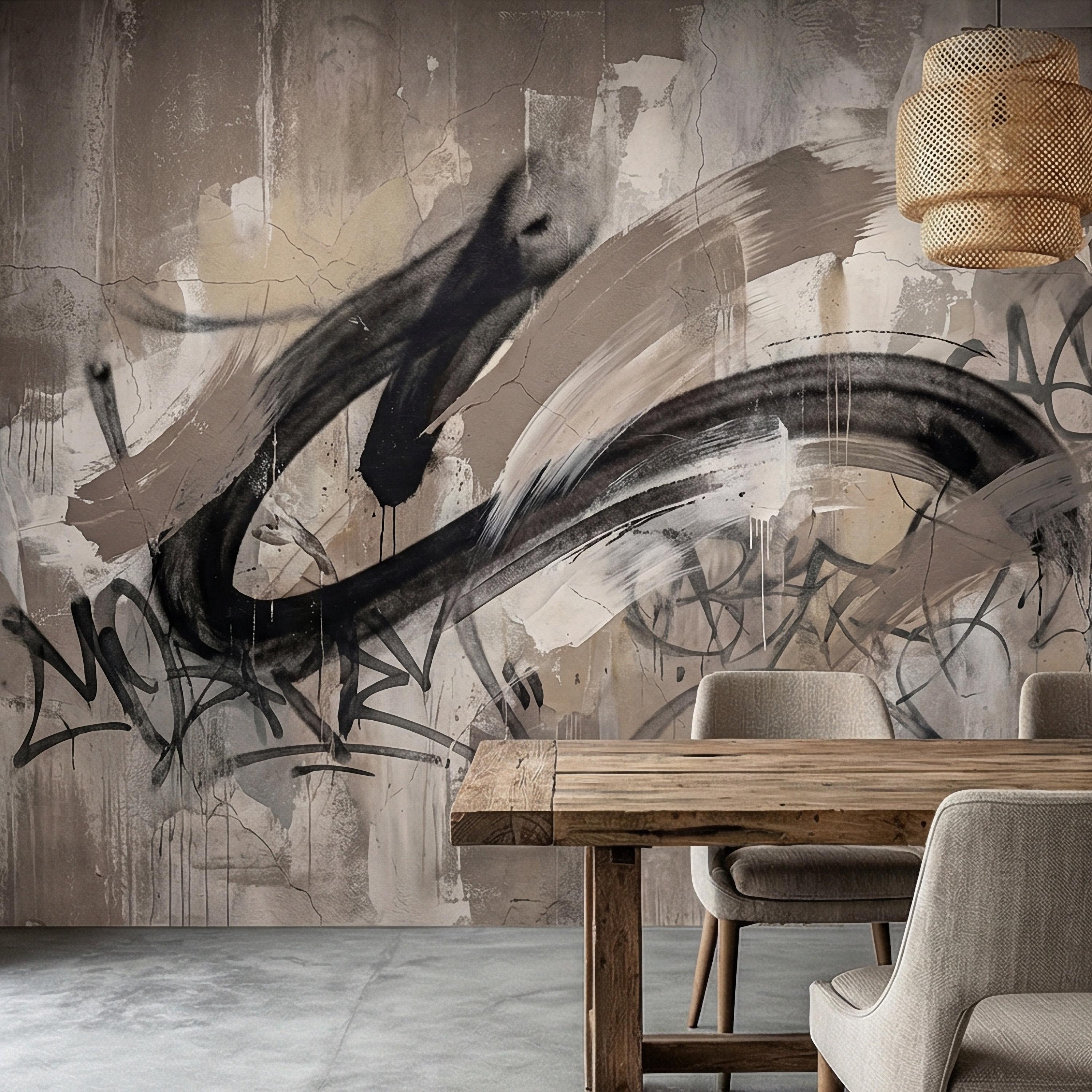 Neutral Graffiti Peel and Stick Wall Mural, Abstract Street Art Loft, Monochrome Industrial Concrete Wallpaper