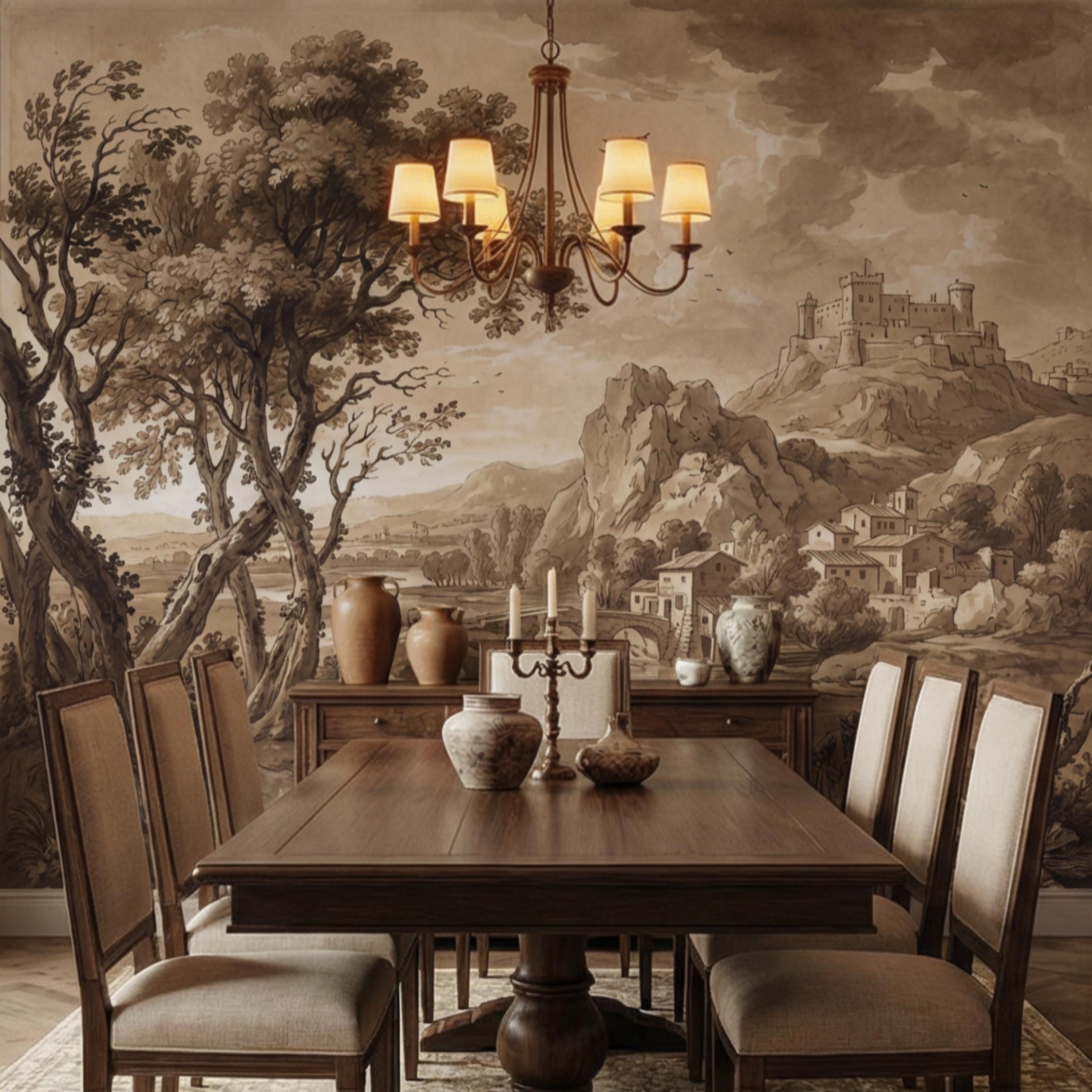 Sepia European Countryside Castle Landscape Peel and Stick Wall Mural, Vintage Old World Rustic Wallpaper