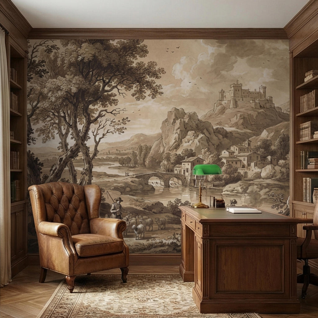Sepia European Countryside Castle Landscape Peel and Stick Wall Mural, Vintage Old World Rustic Wallpaper