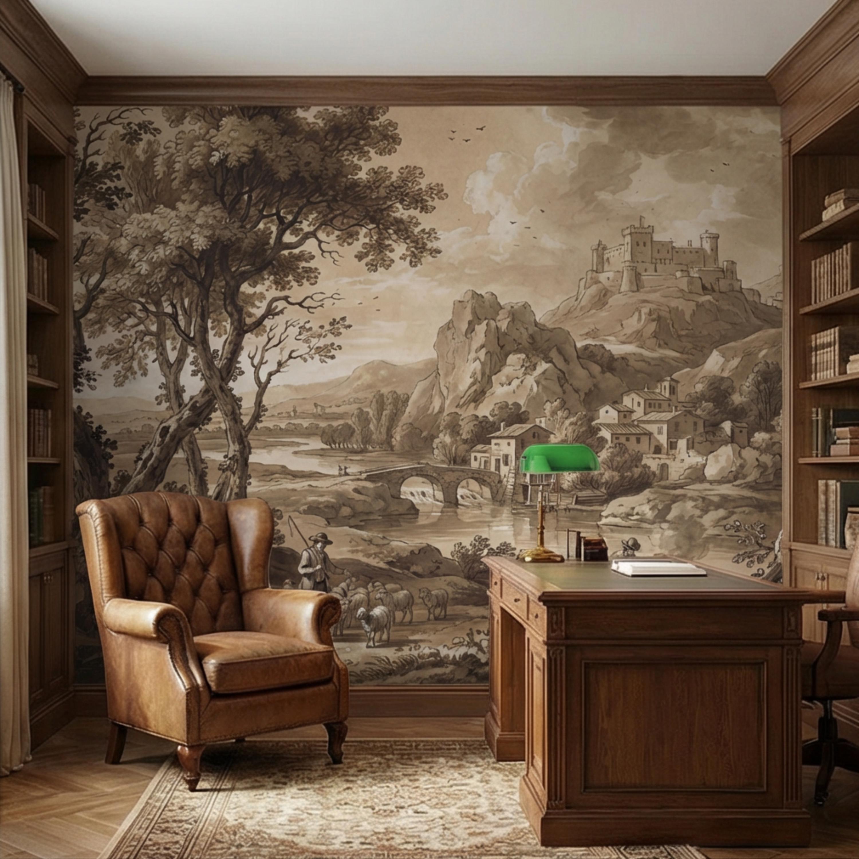 Sepia European Countryside Castle Landscape Peel and Stick Wall Mural, Vintage Old World Rustic Wallpaper