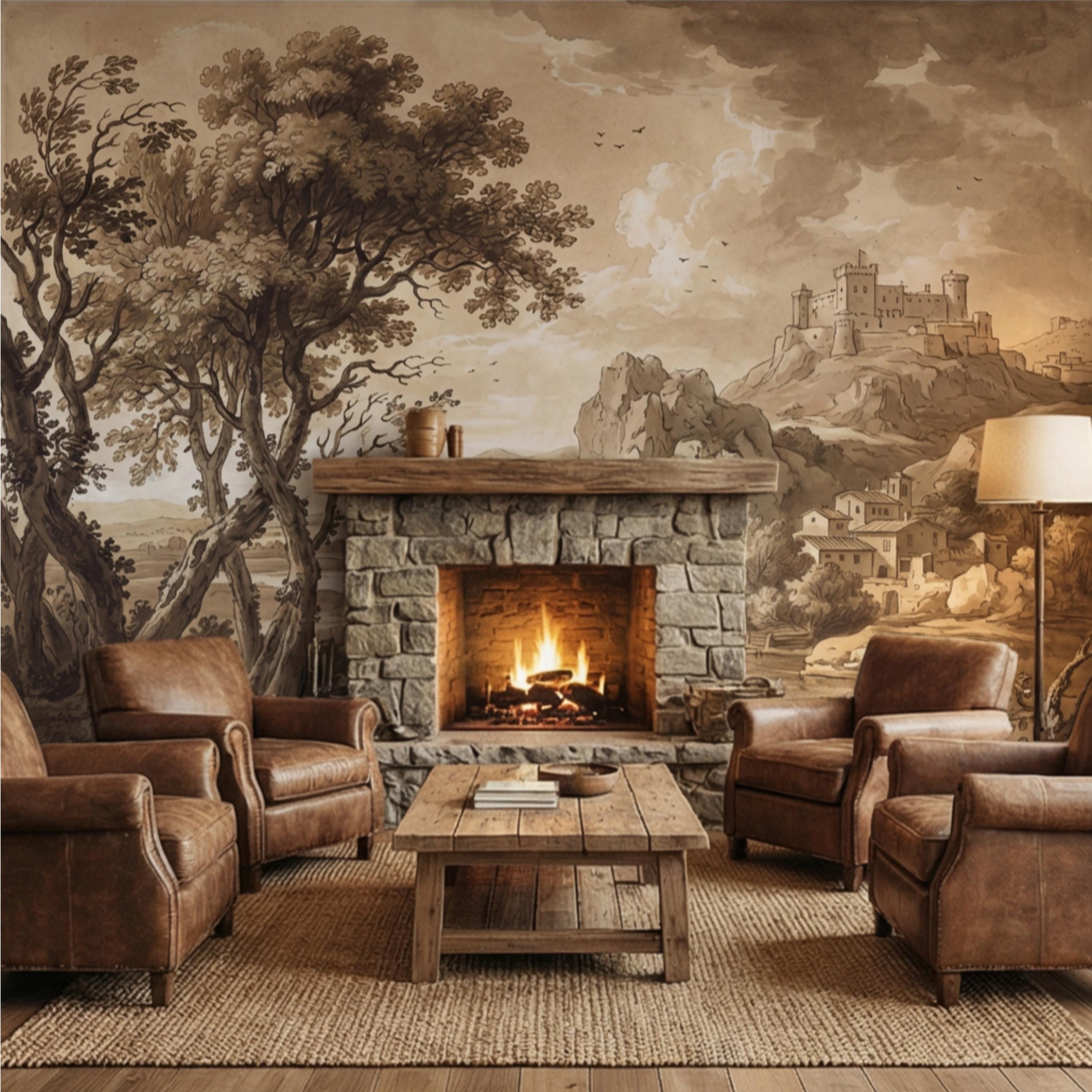Sepia European Countryside Castle Landscape Peel and Stick Wall Mural, Vintage Old World Rustic Wallpaper