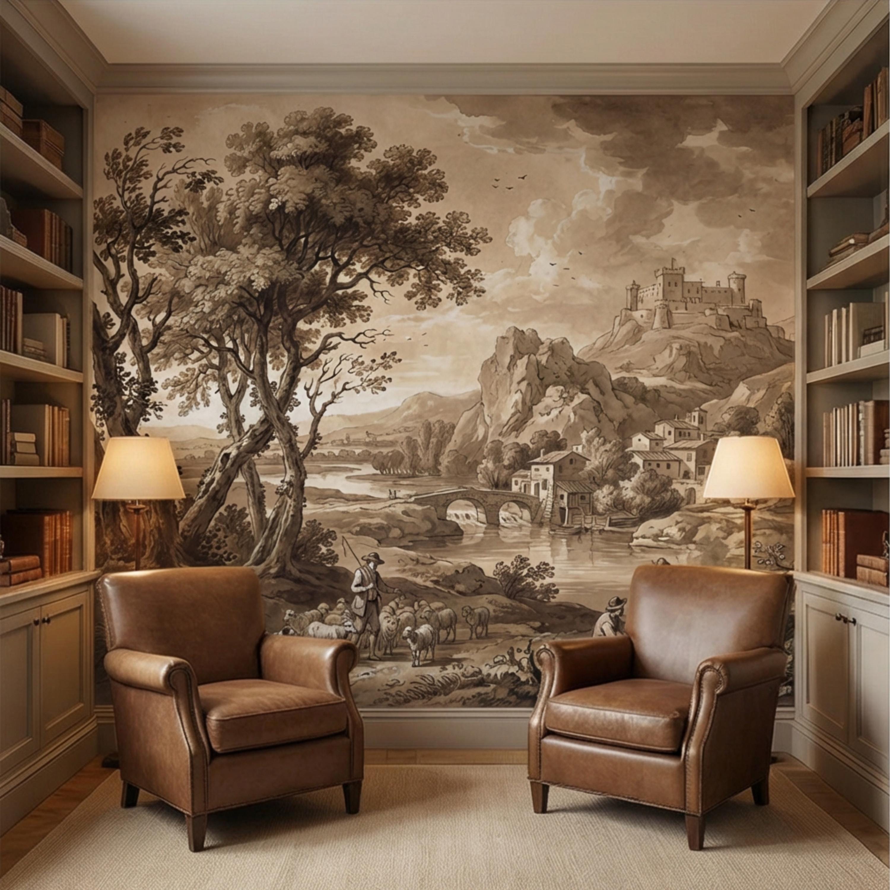 Sepia European Countryside Castle Landscape Peel and Stick Wall Mural, Vintage Old World Rustic Wallpaper