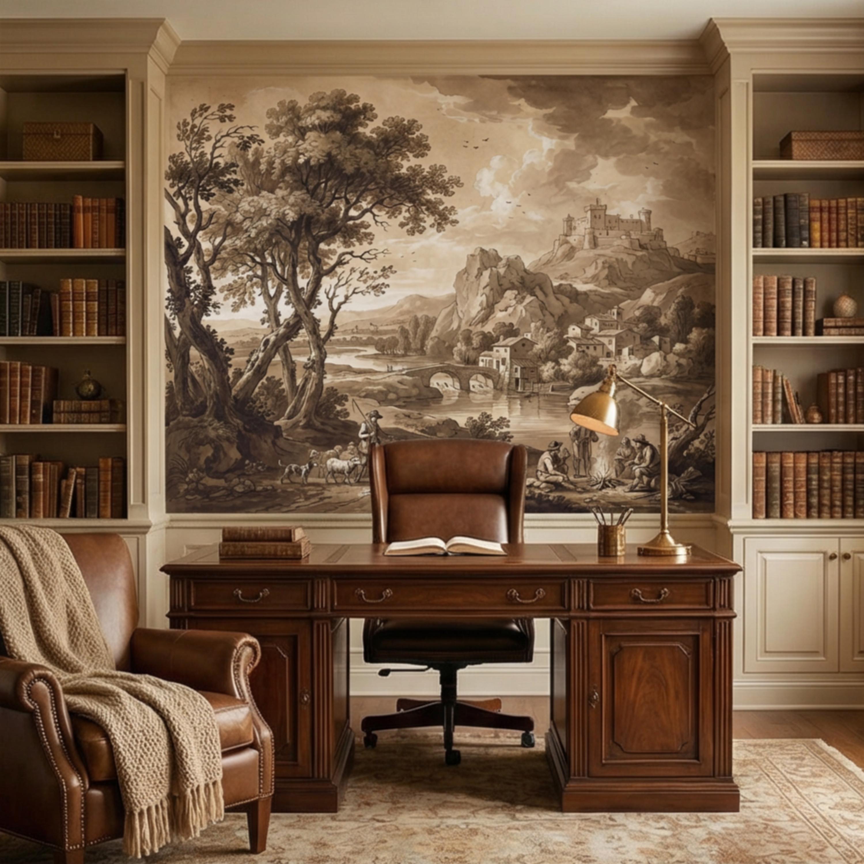 Sepia European Countryside Castle Landscape Peel and Stick Wall Mural, Vintage Old World Rustic Wallpaper