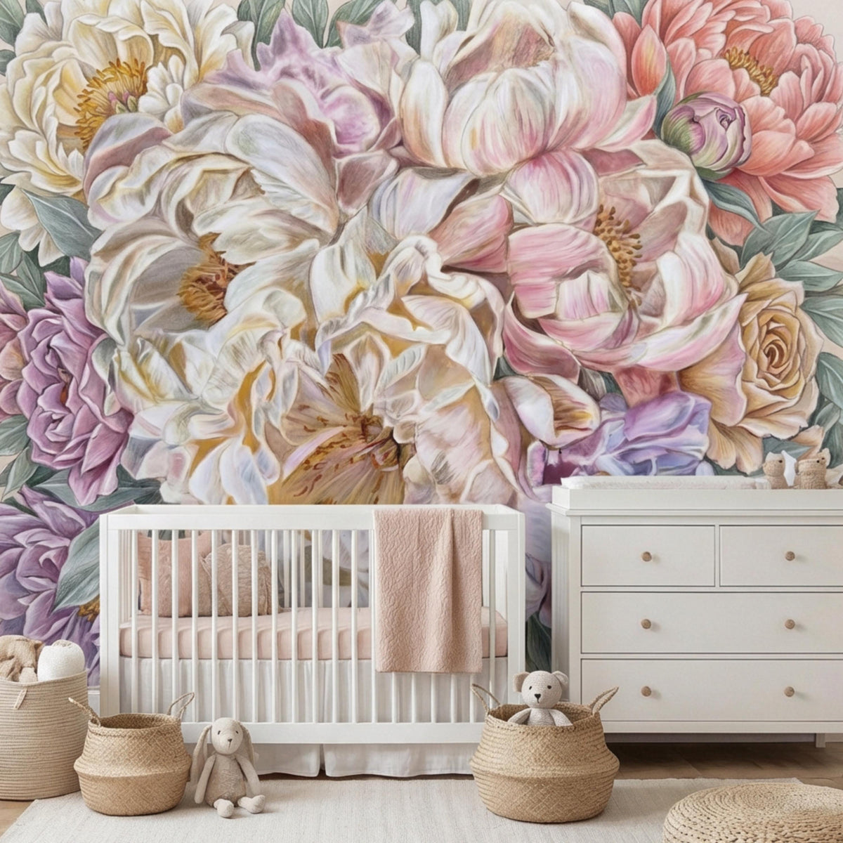 Pastel peony floral wall mural with close floral cluster design in soft colors