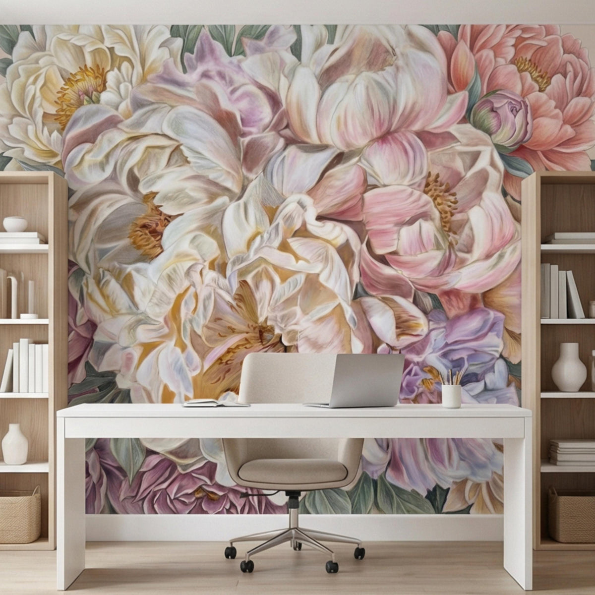 Pastel peony floral wall mural with large cream, pink, and lavender flower details