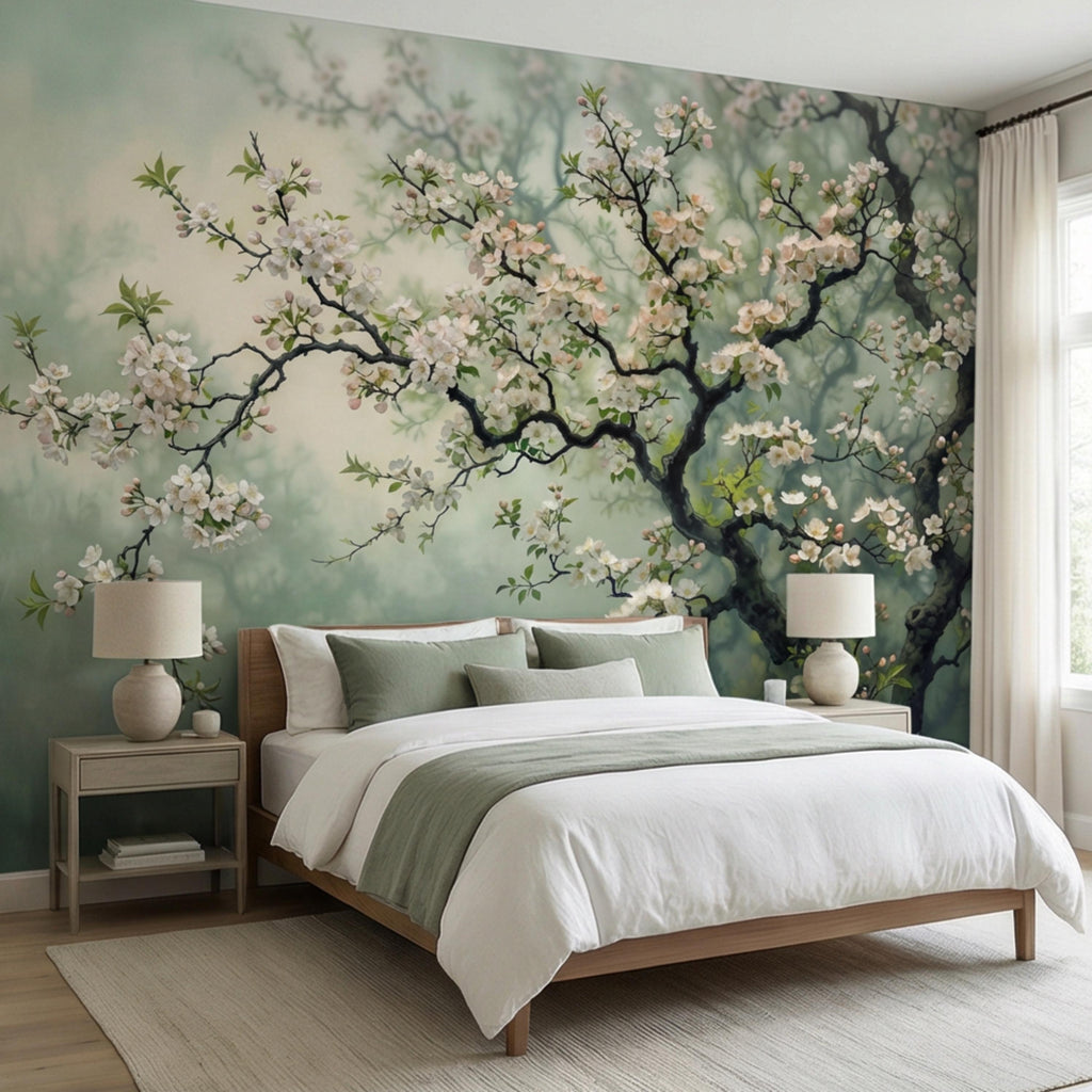 Cherry Blossom Tree Peel and Stick Wall Mural, Moody Sage Green Botanical Wallpaper, Japandi Style Floral Wall Decor