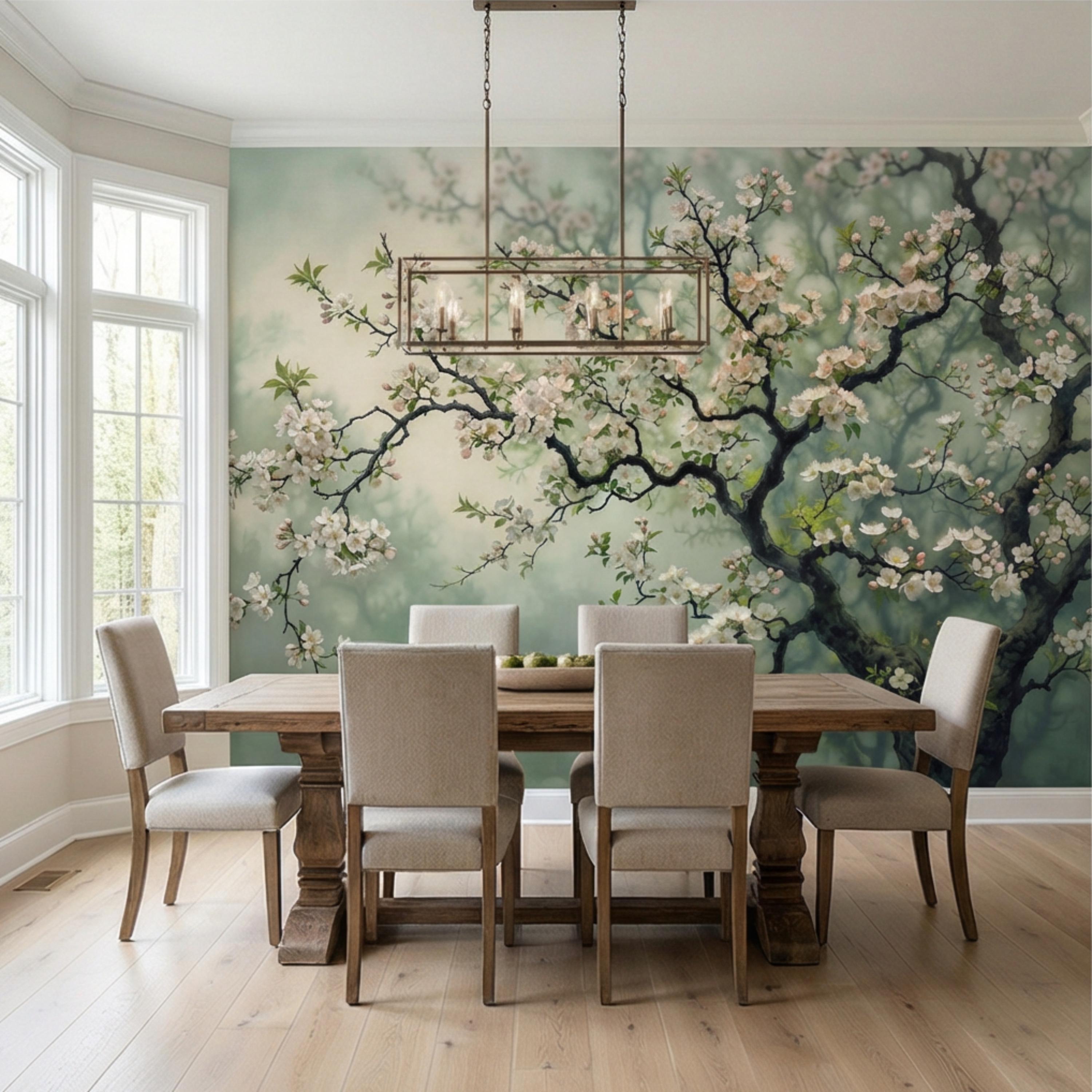 Cherry Blossom Tree Peel and Stick Wall Mural, Moody Sage Green Botanical Wallpaper, Japandi Style Floral Wall Decor