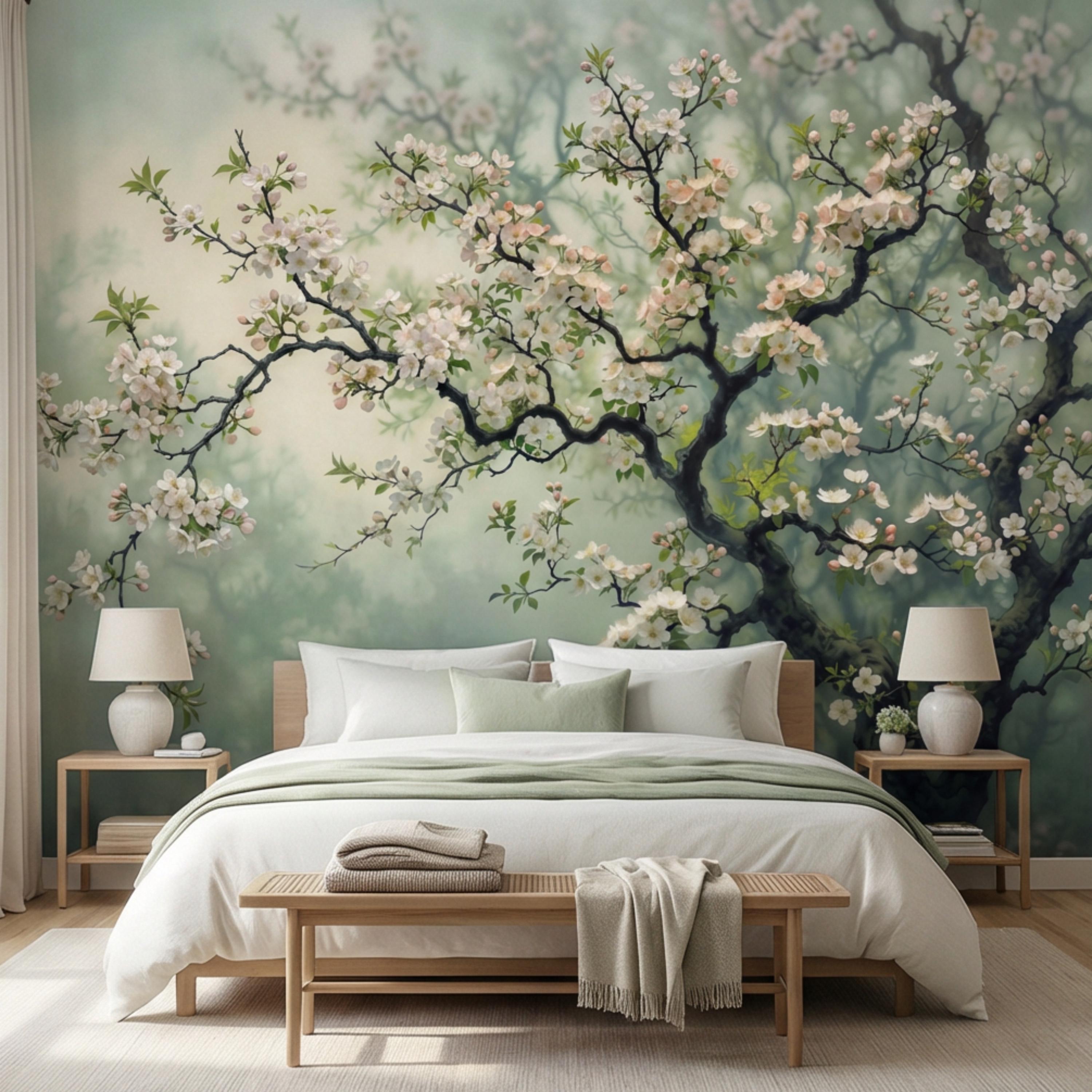 Cherry Blossom Tree Peel and Stick Wall Mural, Moody Sage Green Botanical Wallpaper, Japandi Style Floral Wall Decor