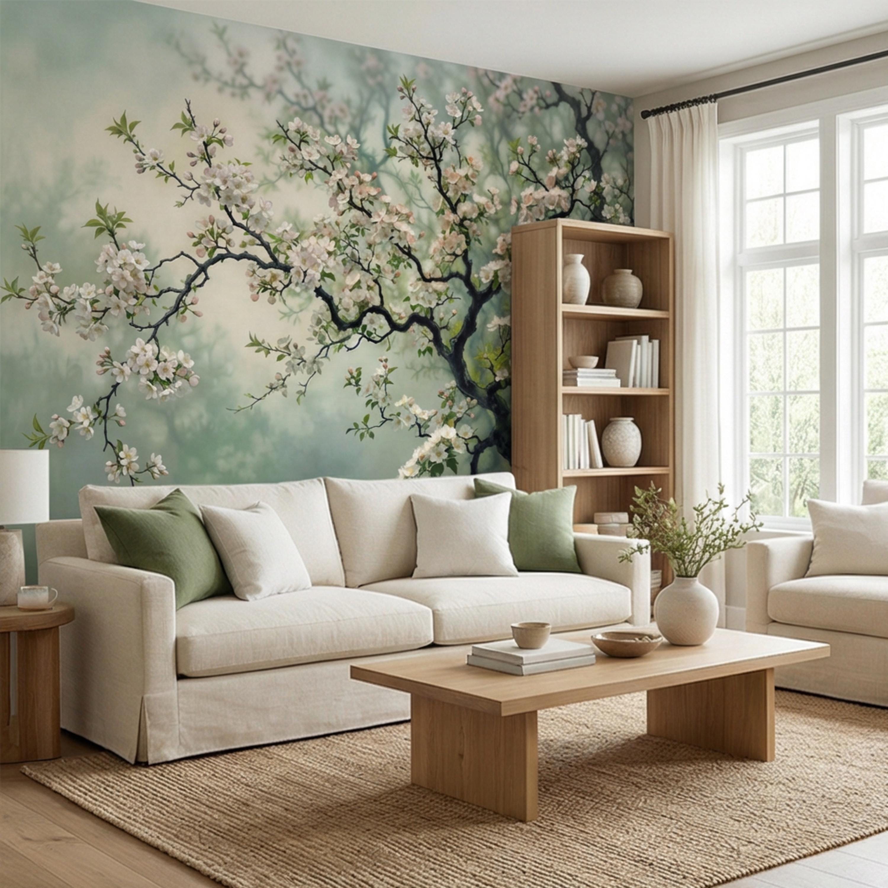 Cherry Blossom Tree Peel and Stick Wall Mural, Moody Sage Green Botanical Wallpaper, Japandi Style Floral Wall Decor