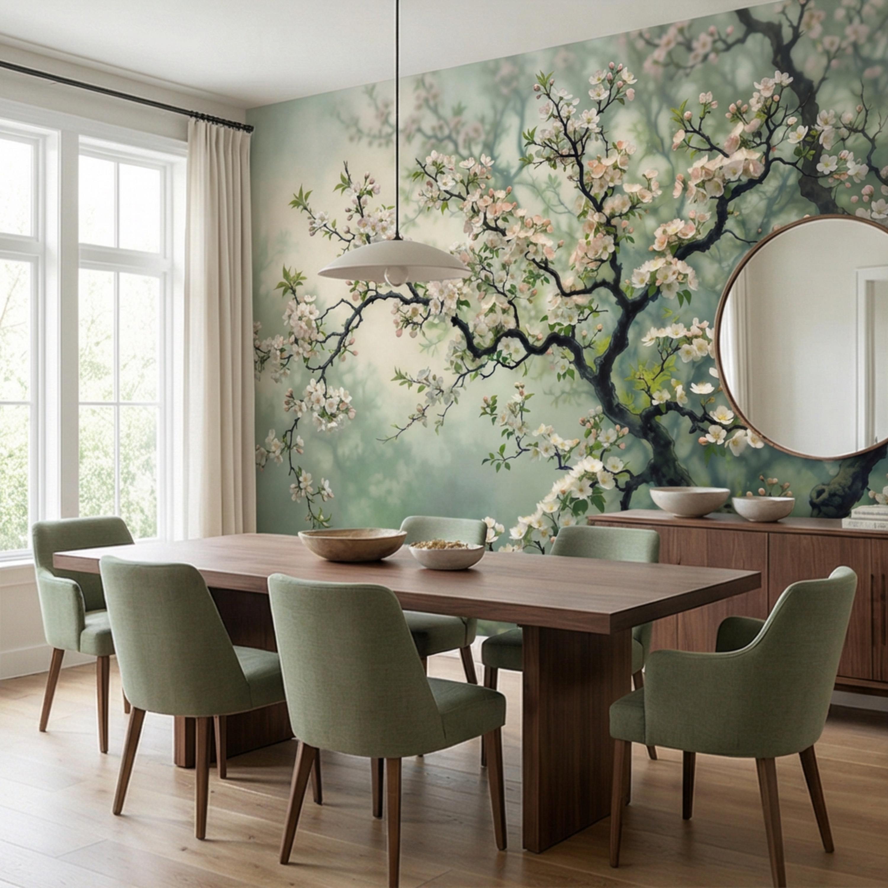 Cherry Blossom Tree Peel and Stick Wall Mural, Moody Sage Green Botanical Wallpaper, Japandi Style Floral Wall Decor
