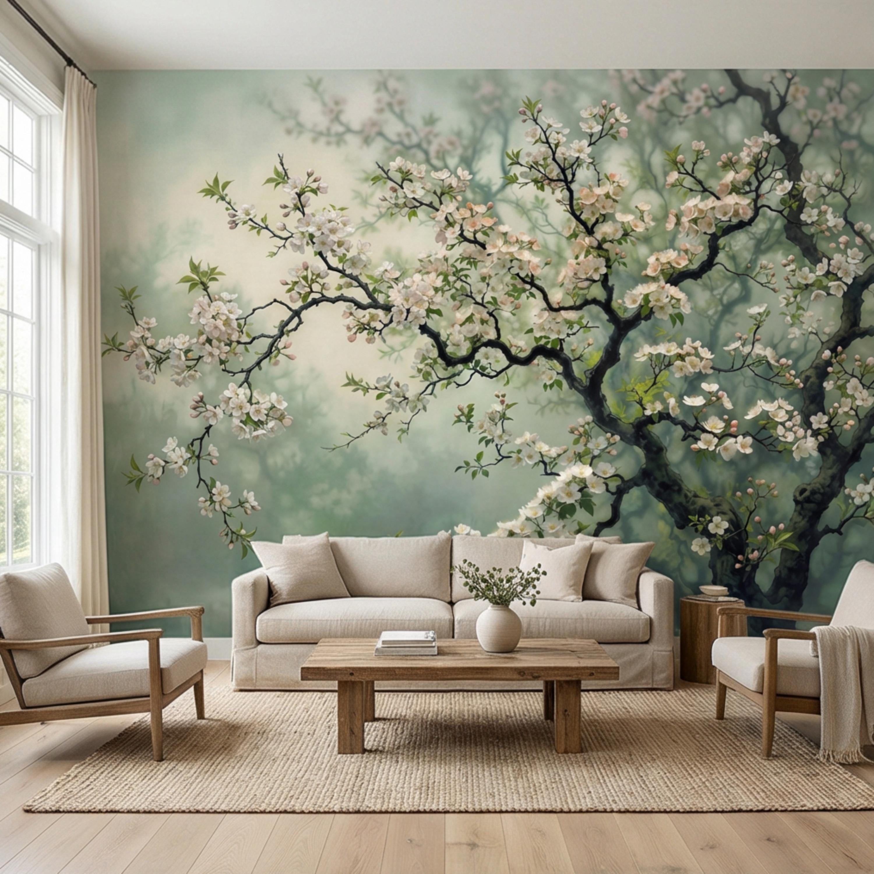 Cherry Blossom Tree Peel and Stick Wall Mural, Moody Sage Green Botanical Wallpaper, Japandi Style Floral Wall Decor