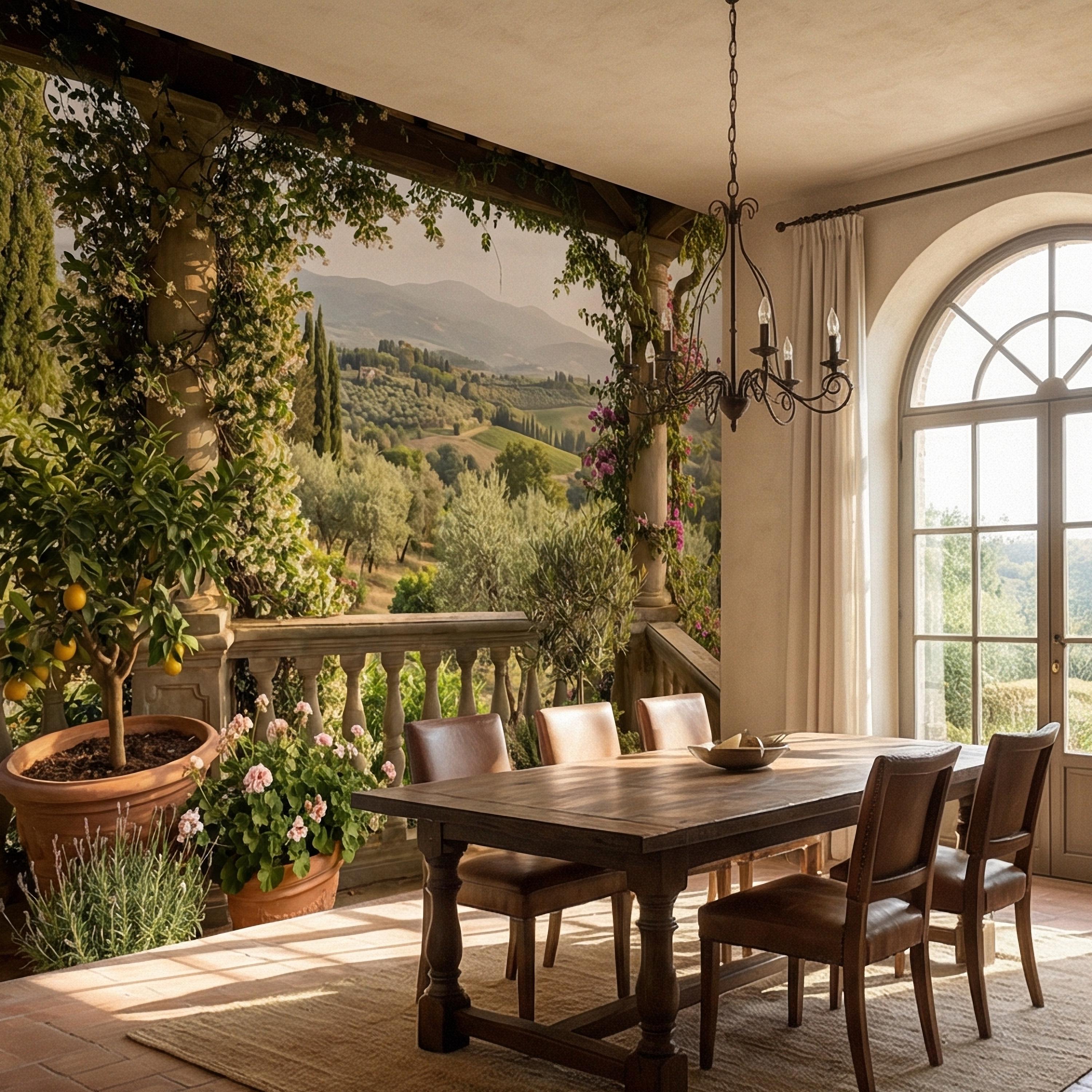 Tuscan Veranda Peel and Stick Wall Mural, Italian Countryside Villa View, Old World Mediterranean Landscape Wallpaper