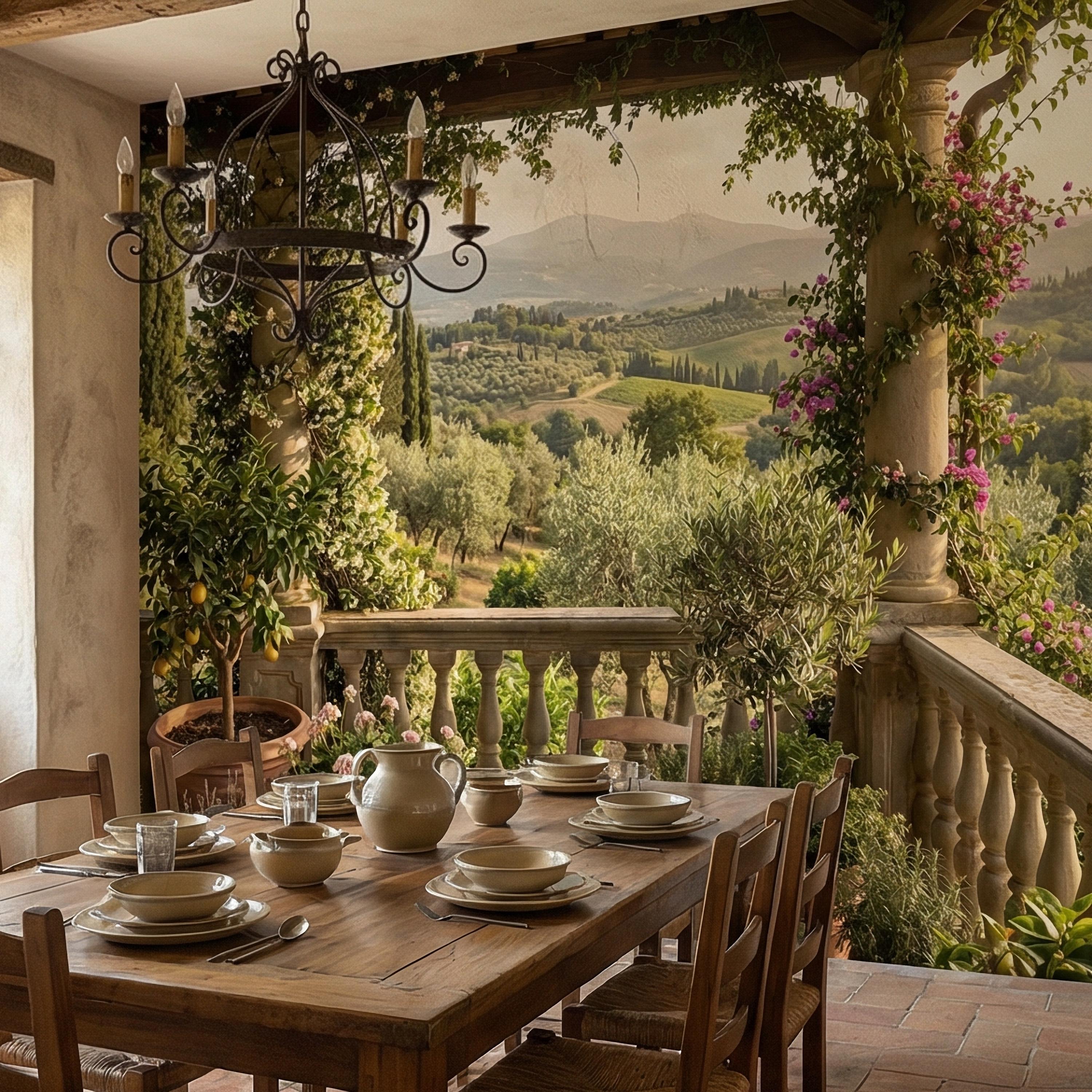 Tuscan Veranda Peel and Stick Wall Mural, Italian Countryside Villa View, Old World Mediterranean Landscape Wallpaper