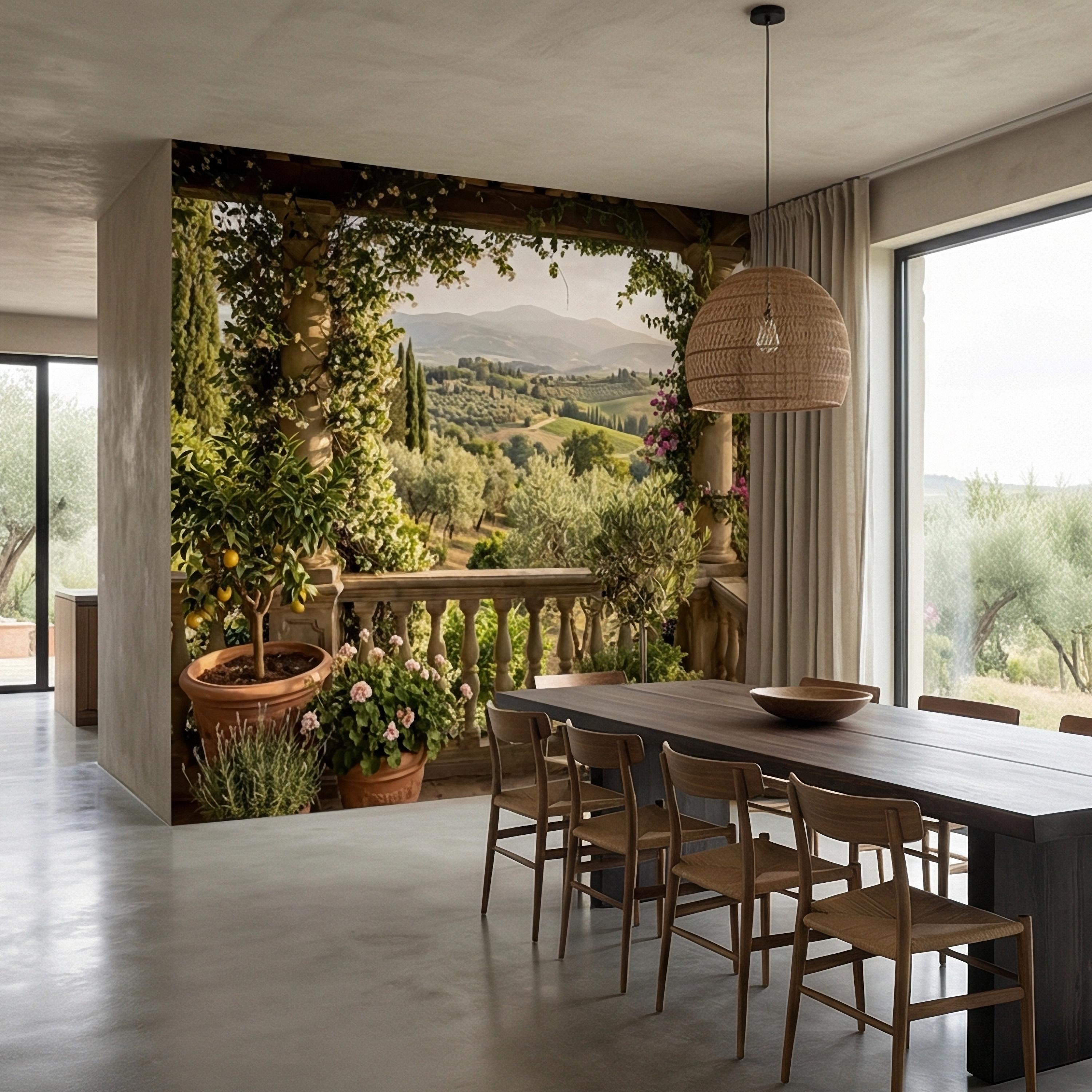 Tuscan Veranda Peel and Stick Wall Mural, Italian Countryside Villa View, Old World Mediterranean Landscape Wallpaper