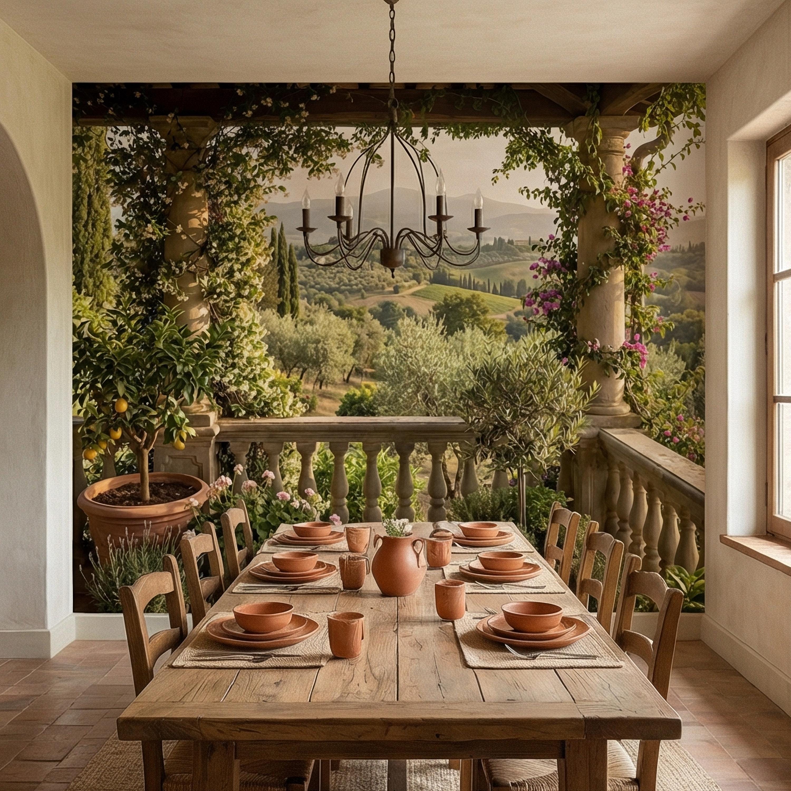 Tuscan Veranda Peel and Stick Wall Mural, Italian Countryside Villa View, Old World Mediterranean Landscape Wallpaper