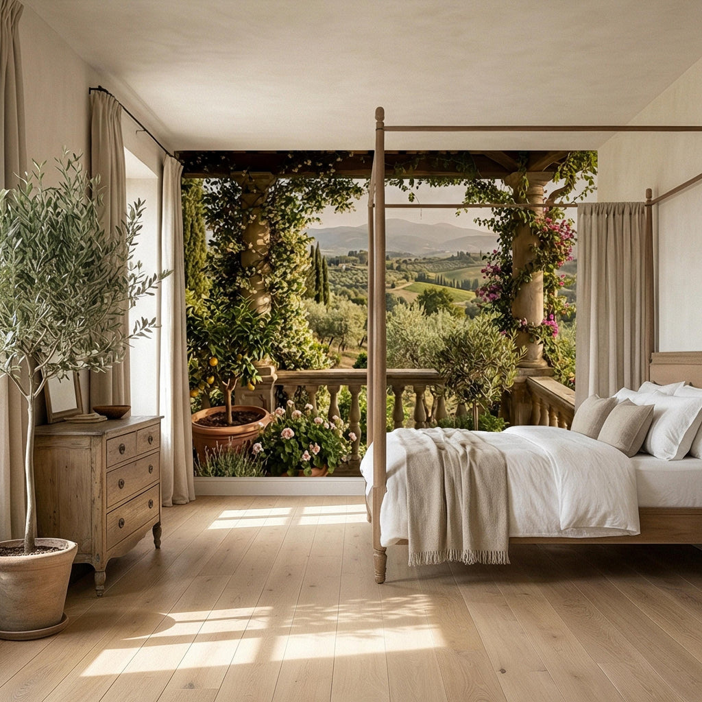 Tuscan Veranda Peel and Stick Wall Mural, Italian Countryside Villa View, Old World Mediterranean Landscape Wallpaper