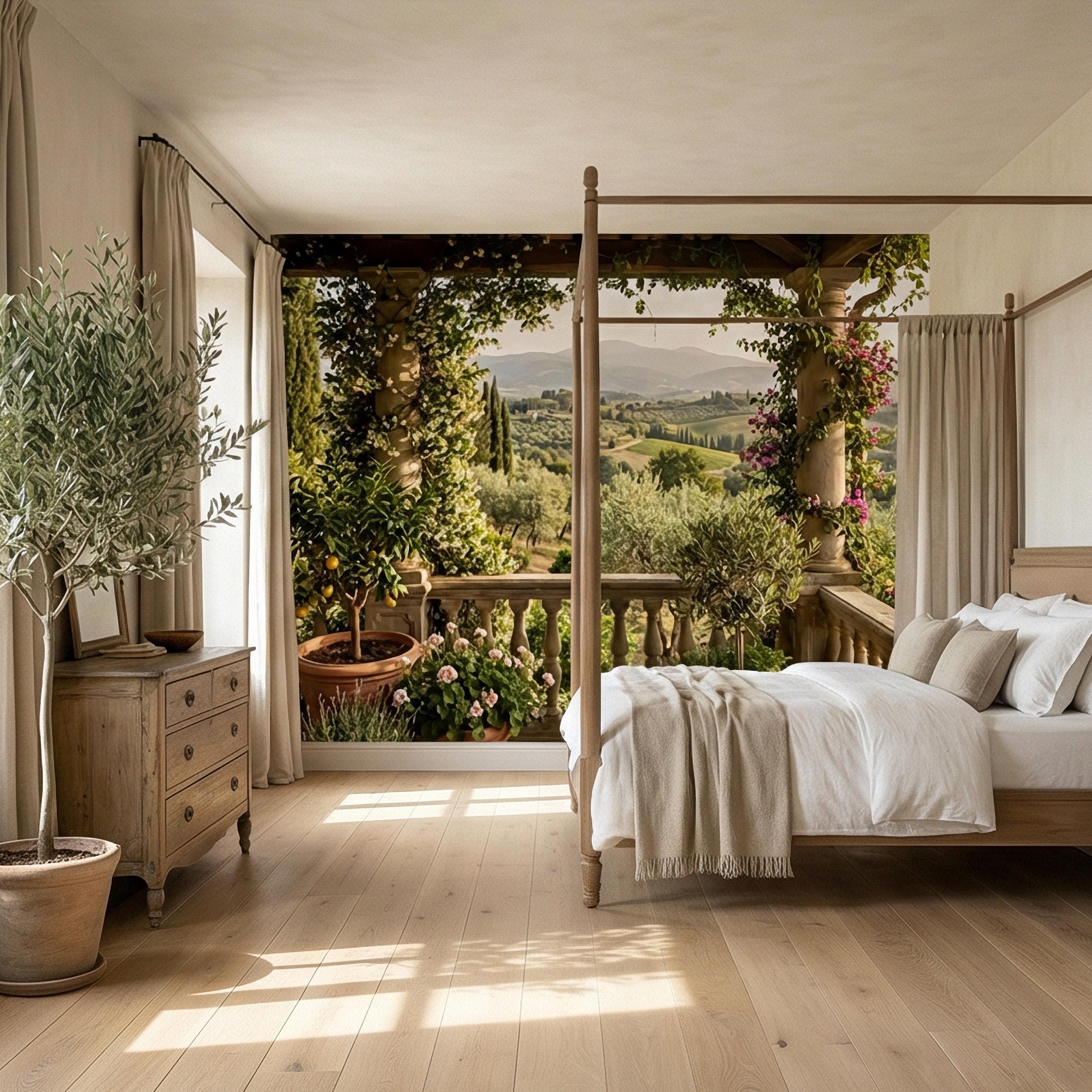 Tuscan Veranda Peel and Stick Wall Mural, Italian Countryside Villa View, Old World Mediterranean Landscape Wallpaper