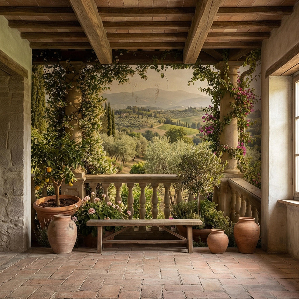 Tuscan Veranda Peel and Stick Wall Mural, Italian Countryside Villa View, Old World Mediterranean Landscape Wallpaper