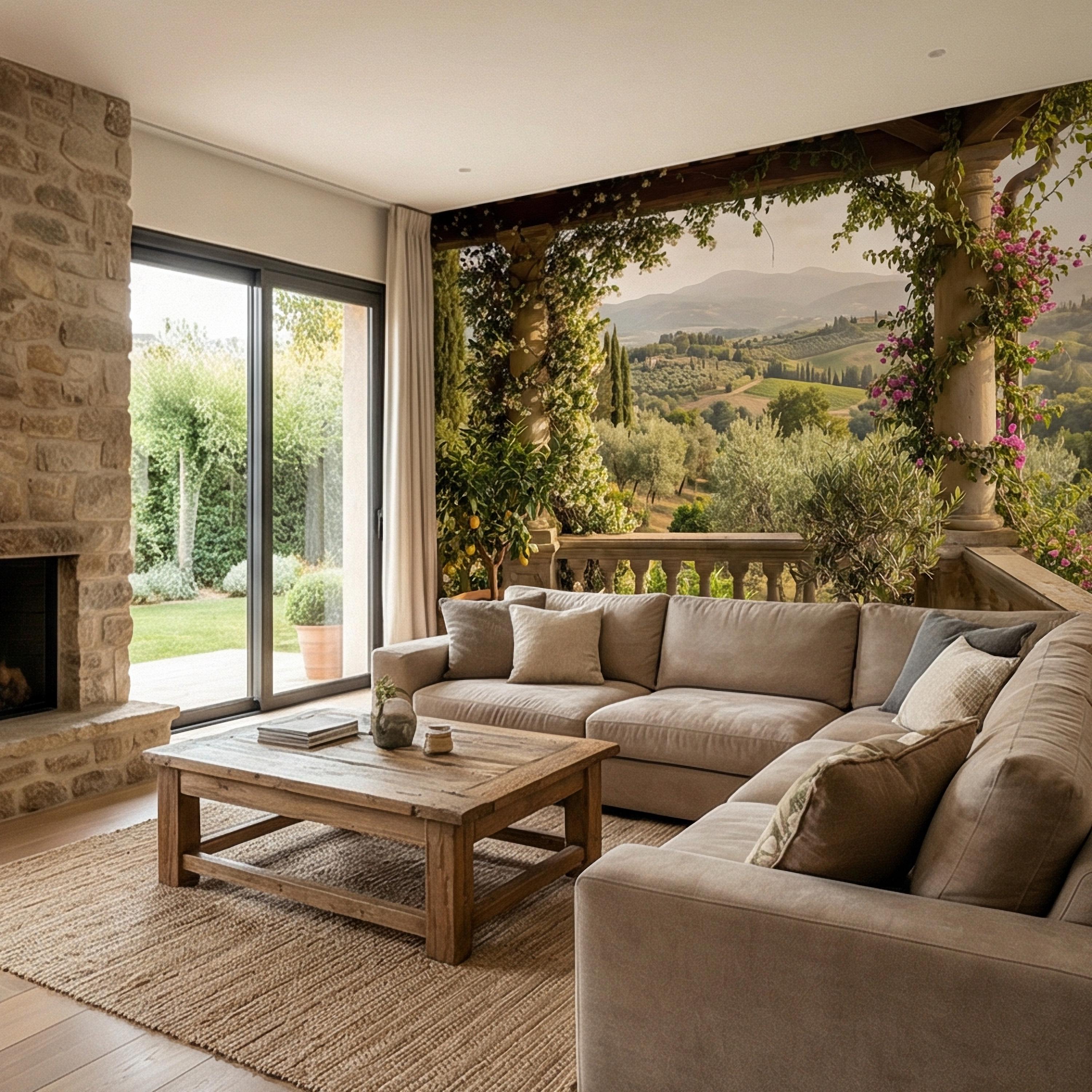 Tuscan Veranda Peel and Stick Wall Mural, Italian Countryside Villa View, Old World Mediterranean Landscape Wallpaper