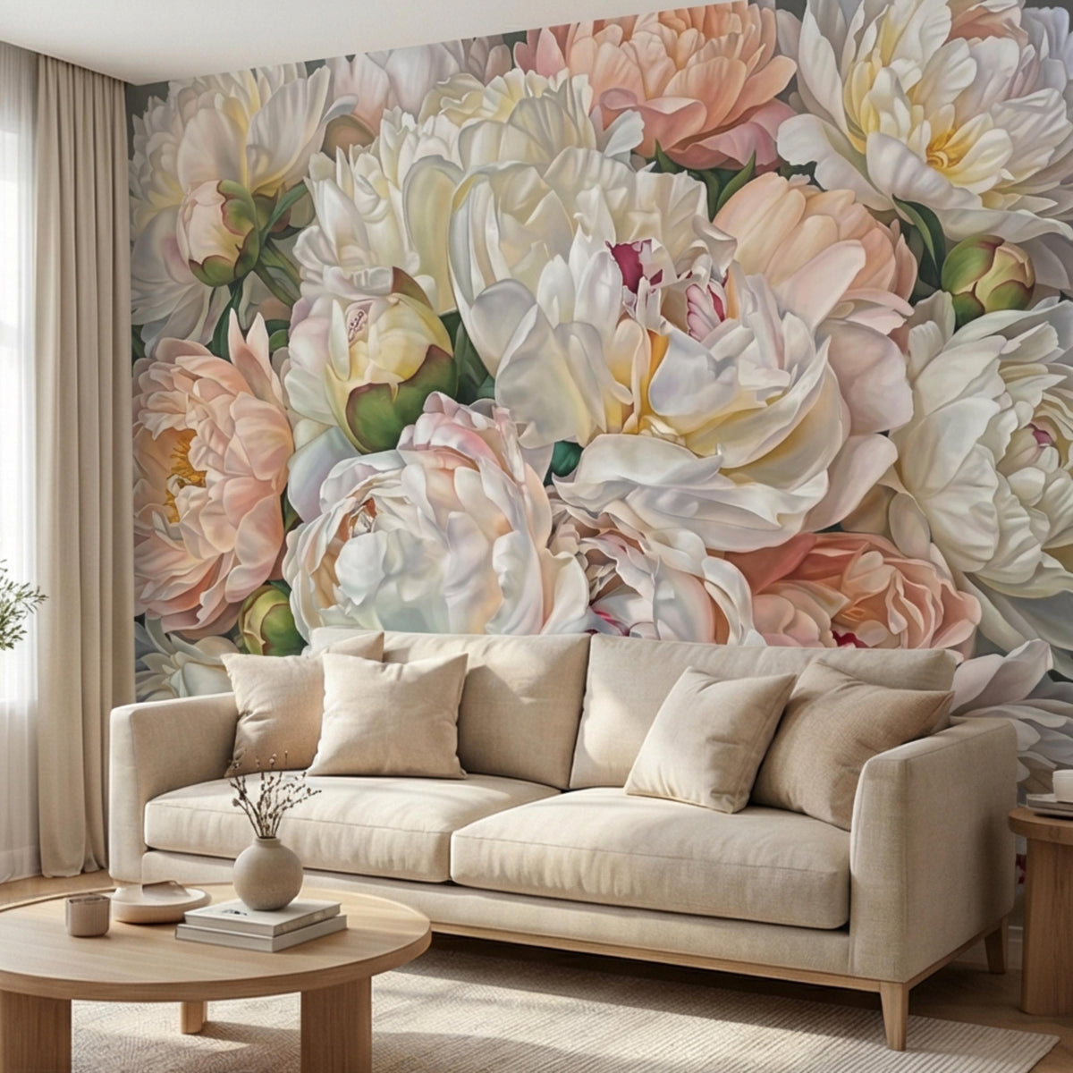 Large peony floral wall mural with blush pink and white blossoms, romantic style