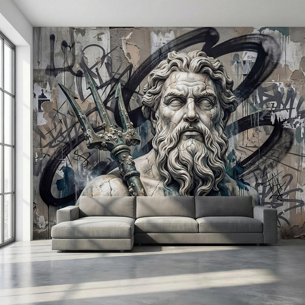 Poseidon Graffiti Peel and Stick Wall Mural, Greek God Street Art, Neptune Statue Urban Industrial Wallpaper