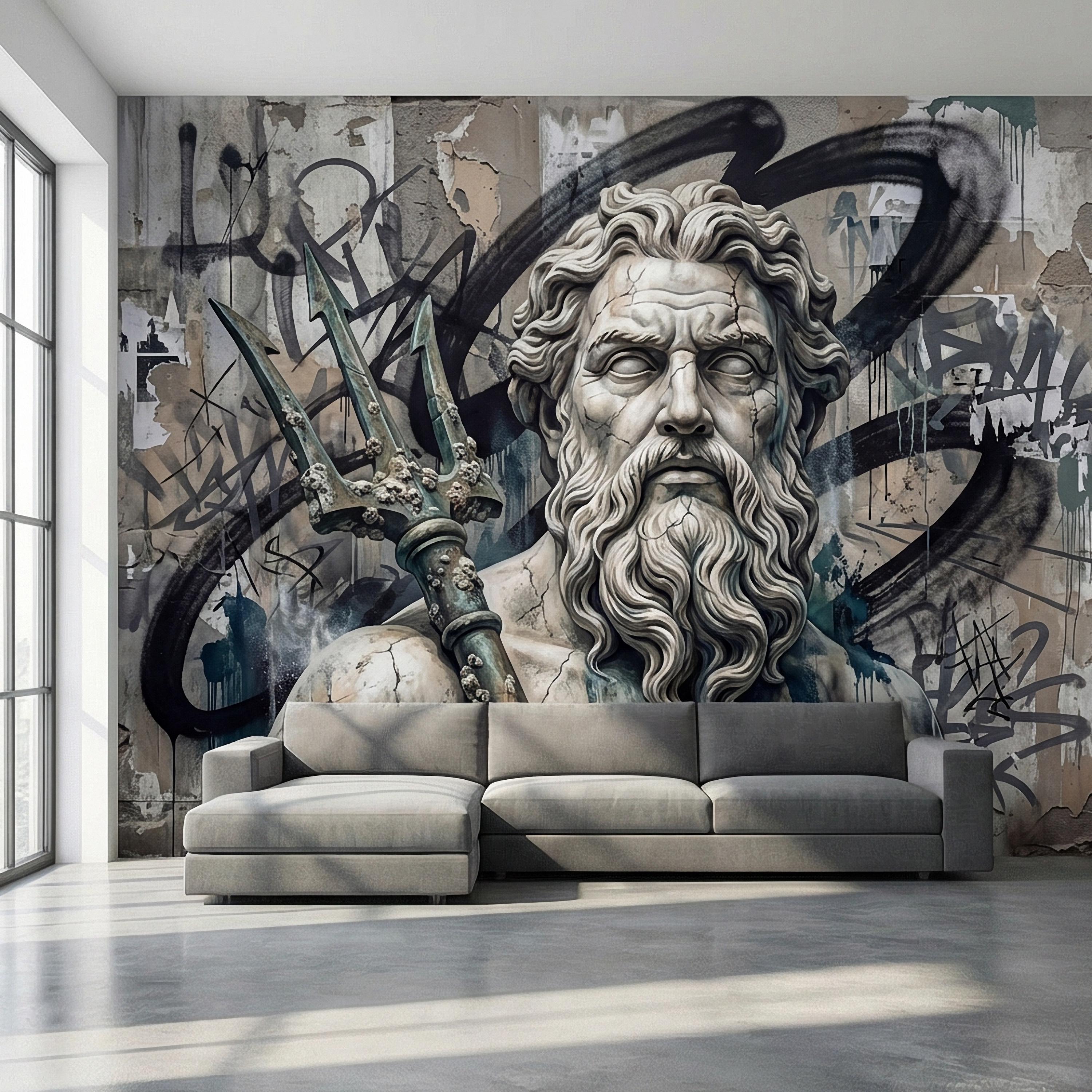 Poseidon Graffiti Peel and Stick Wall Mural, Greek God Street Art, Neptune Statue Urban Industrial Wallpaper