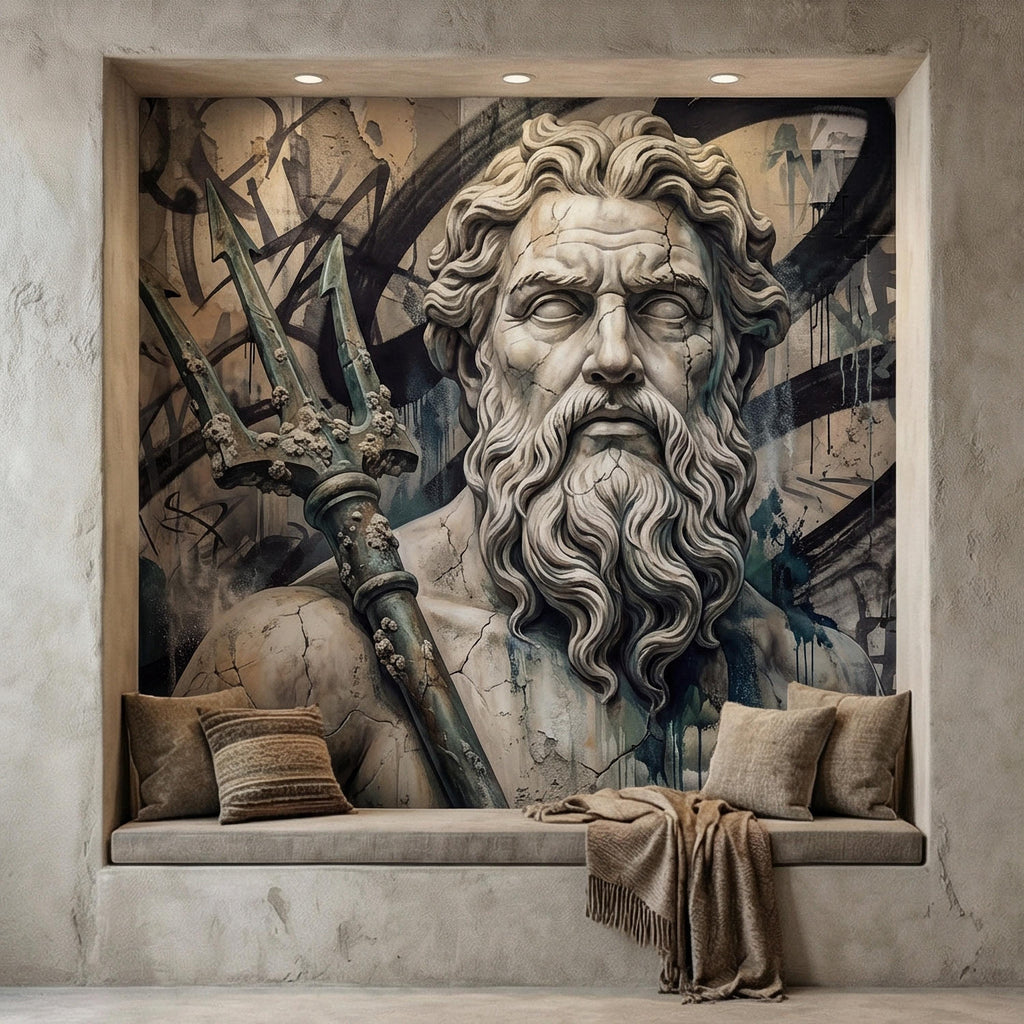 Poseidon Graffiti Peel and Stick Wall Mural, Greek God Street Art, Neptune Statue Urban Industrial Wallpaper
