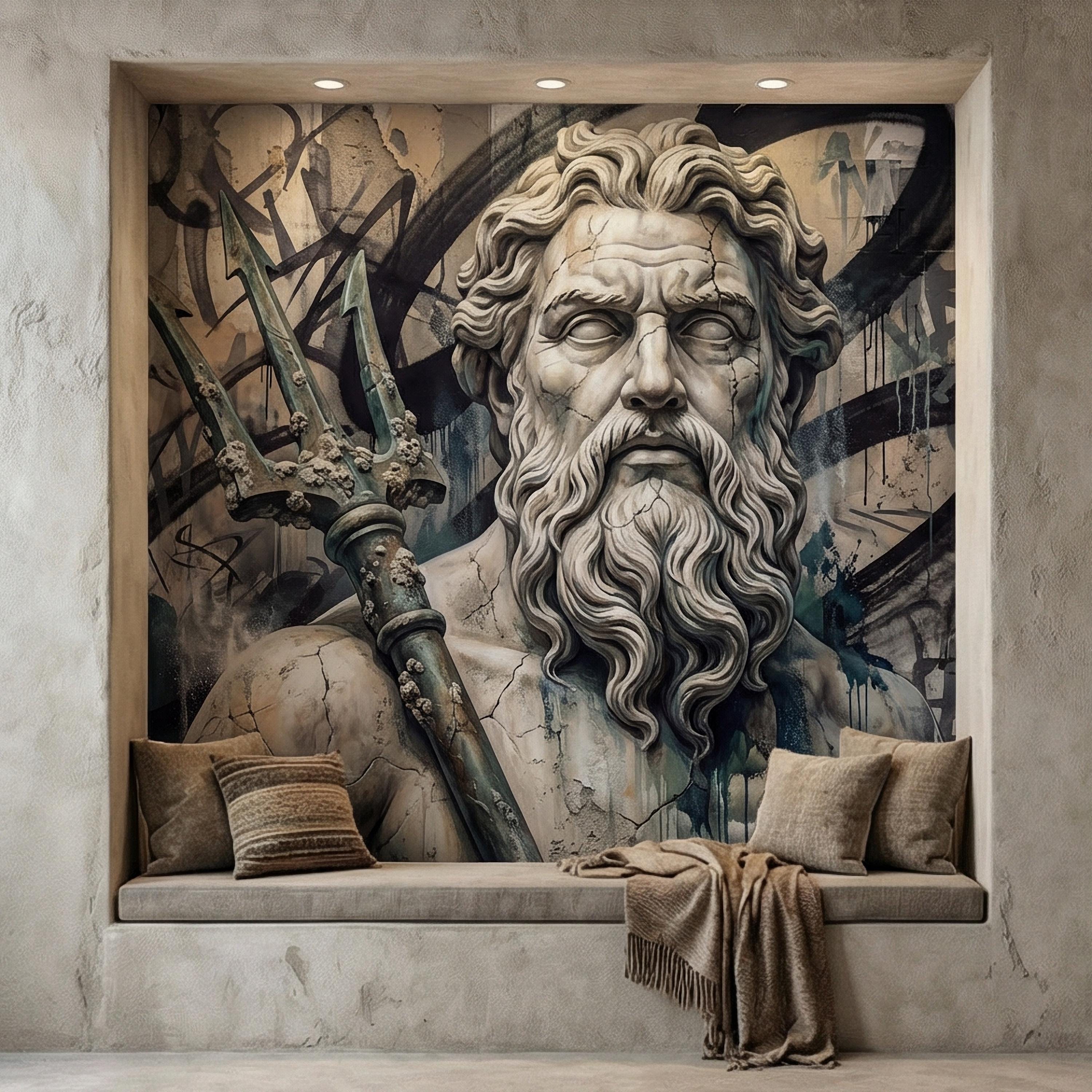 Poseidon Graffiti Peel and Stick Wall Mural, Greek God Street Art, Neptune Statue Urban Industrial Wallpaper
