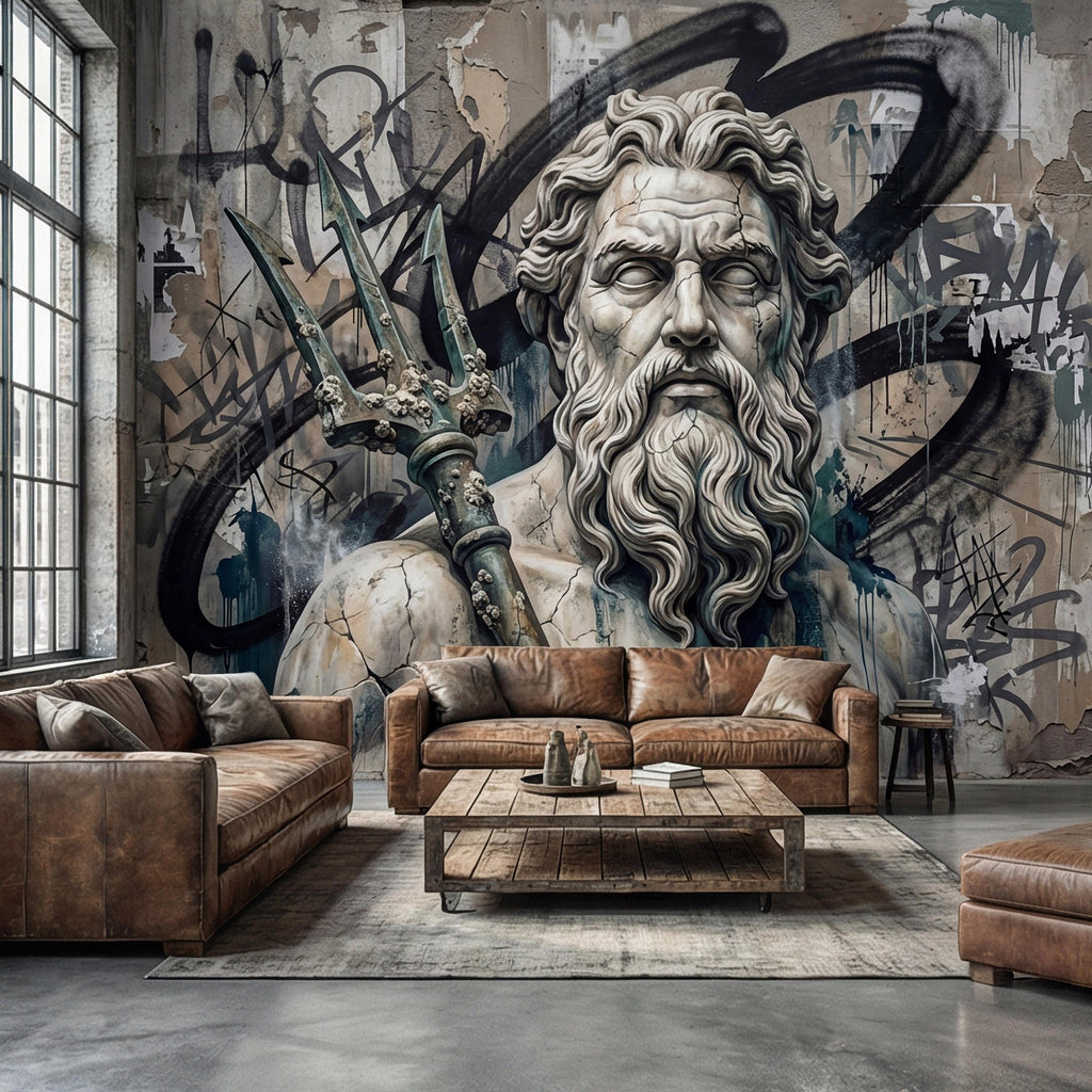 Poseidon Graffiti Peel and Stick Wall Mural, Greek God Street Art, Neptune Statue Urban Industrial Wallpaper