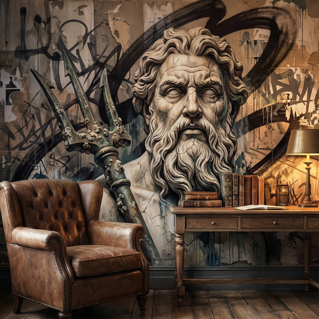 Poseidon Graffiti Peel and Stick Wall Mural, Greek God Street Art, Neptune Statue Urban Industrial Wallpaper