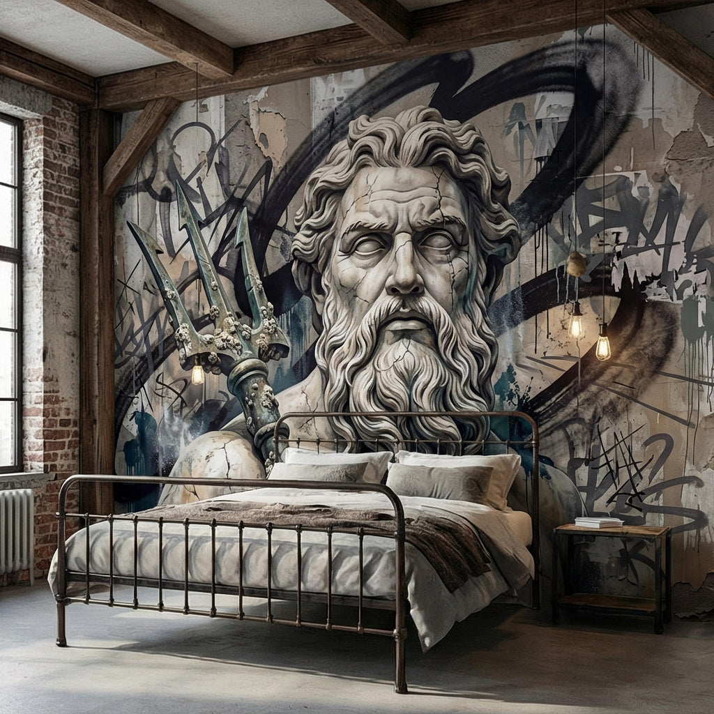 Poseidon Graffiti Peel and Stick Wall Mural, Greek God Street Art, Neptune Statue Urban Industrial Wallpaper