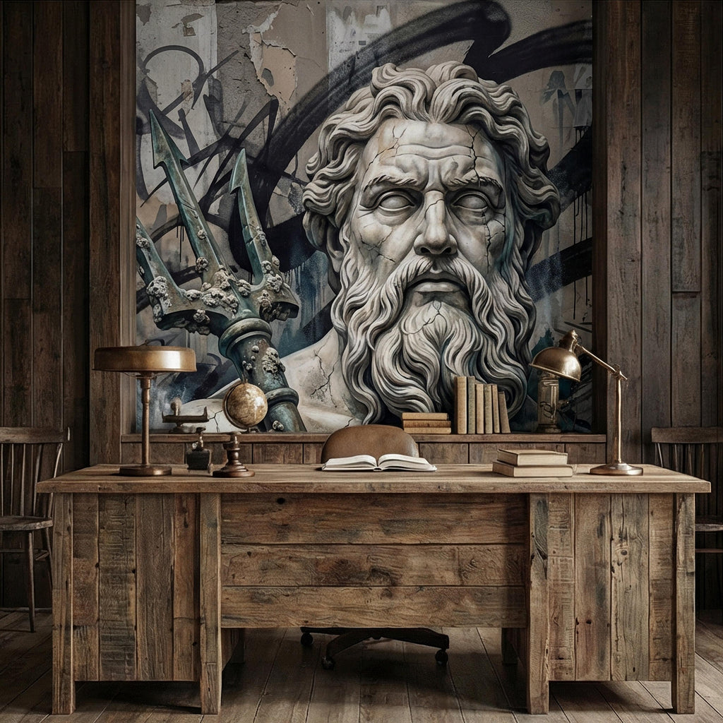 Poseidon Graffiti Peel and Stick Wall Mural, Greek God Street Art, Neptune Statue Urban Industrial Wallpaper