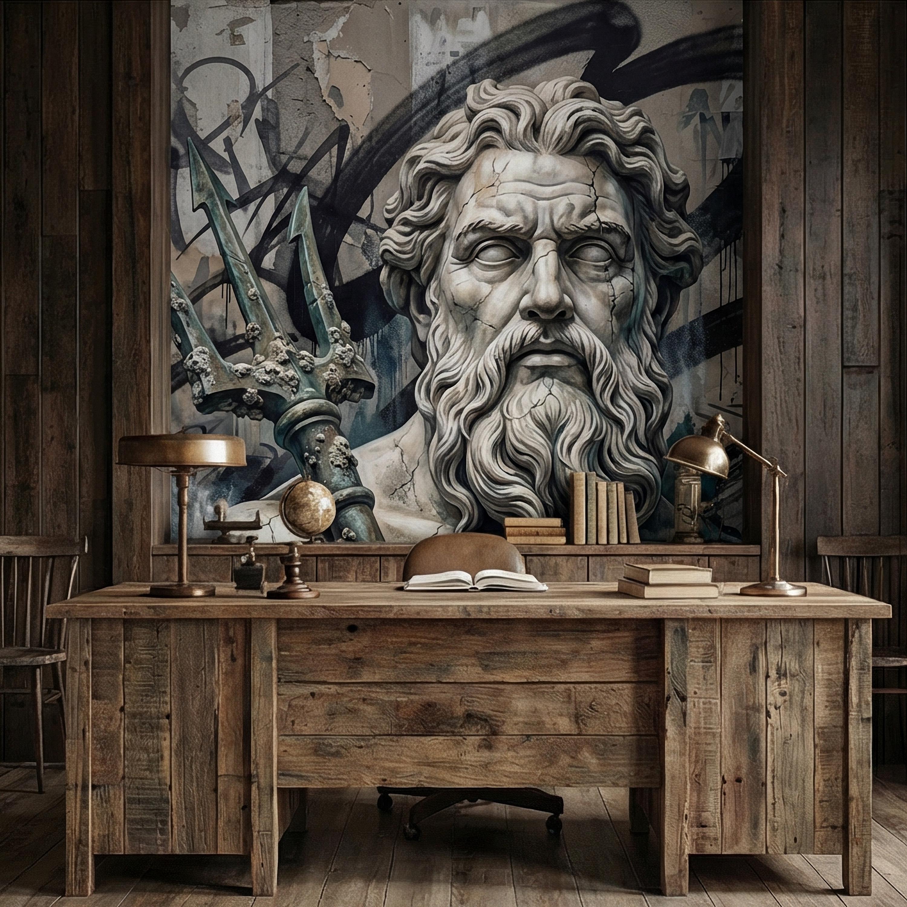 Poseidon Graffiti Peel and Stick Wall Mural, Greek God Street Art, Neptune Statue Urban Industrial Wallpaper