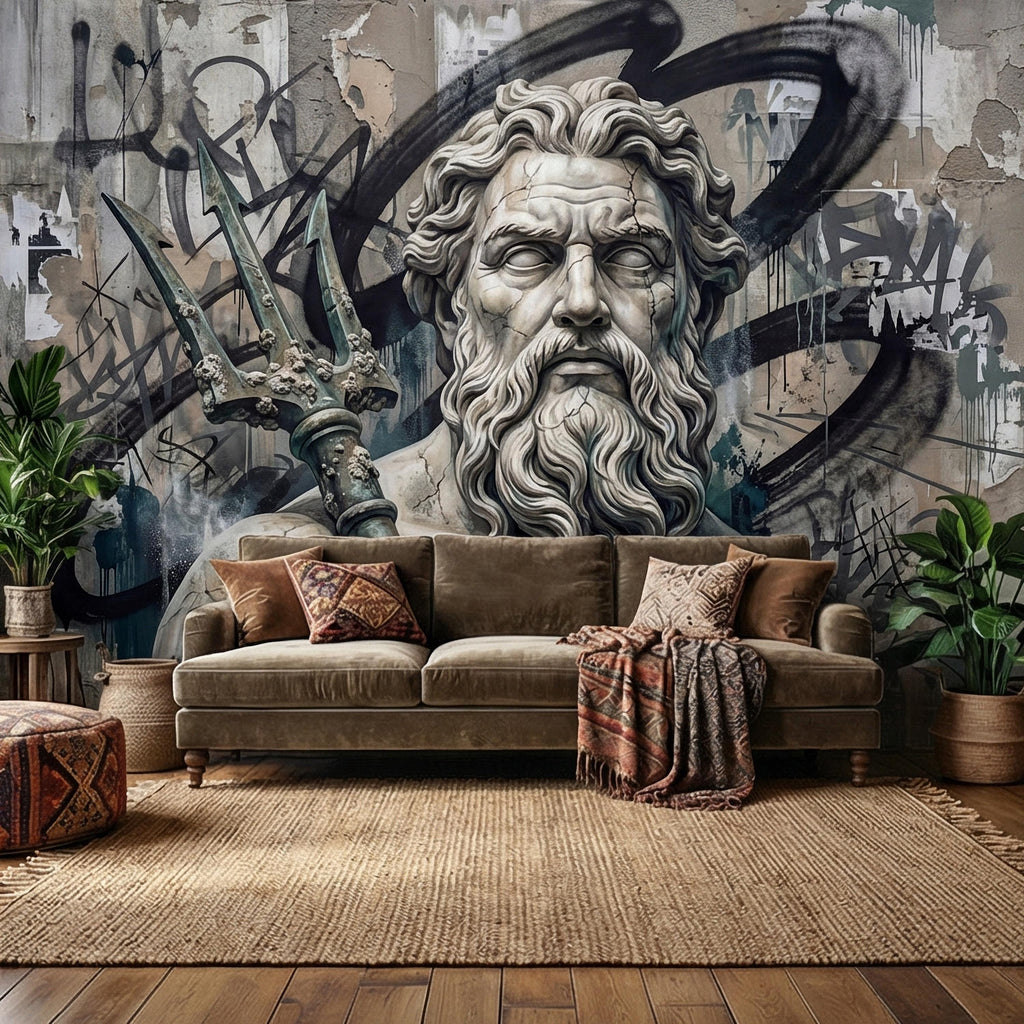 Poseidon Graffiti Peel and Stick Wall Mural, Greek God Street Art, Neptune Statue Urban Industrial Wallpaper