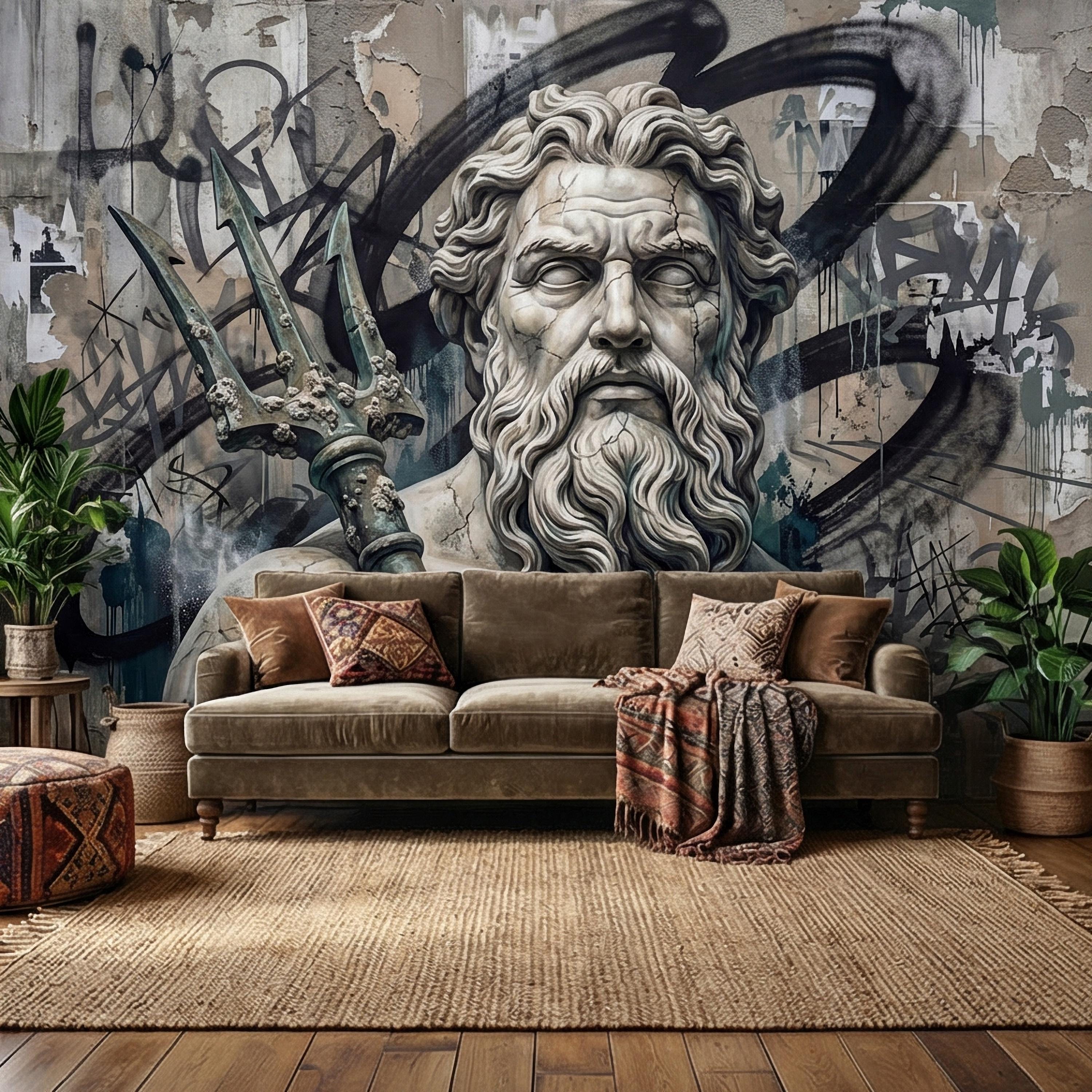 Poseidon Graffiti Peel and Stick Wall Mural, Greek God Street Art, Neptune Statue Urban Industrial Wallpaper
