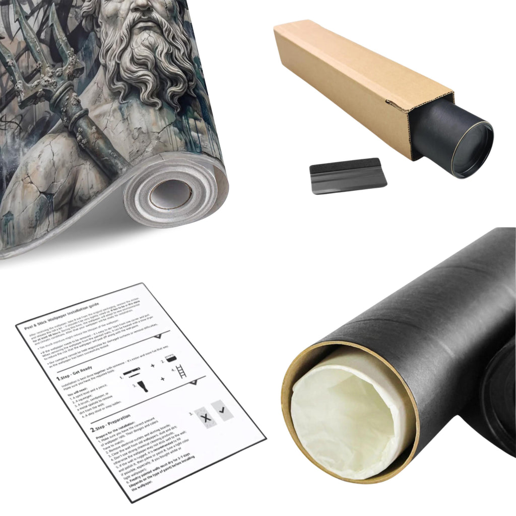 Poseidon Graffiti Peel and Stick Wall Mural, Greek God Street Art, Neptune Statue Urban Industrial Wallpaper