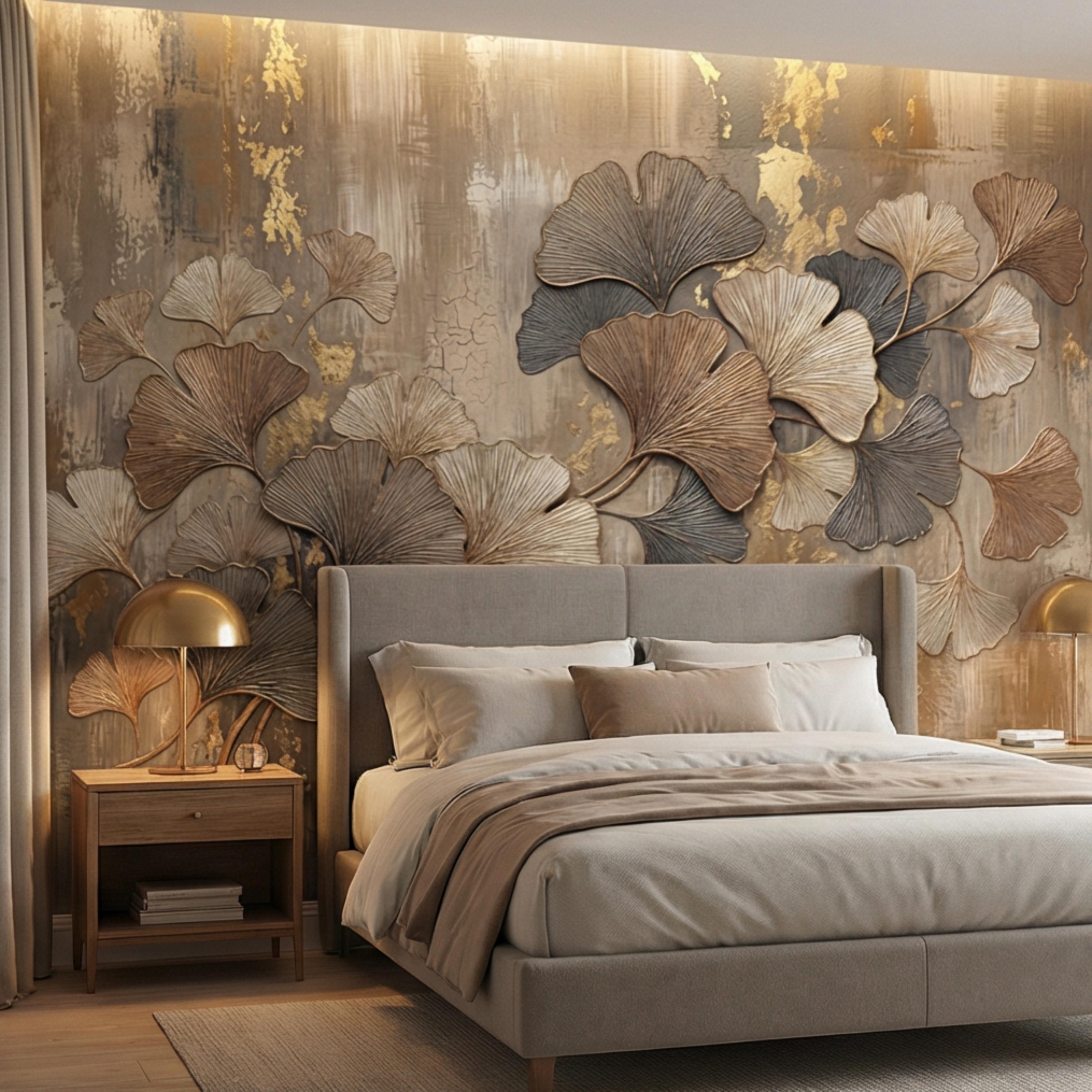 Textured Ginkgo Leaf Peel and Stick Wall Mural, Neutral Designer Botanical Wallpaper, Modern Luxury Interior Statement Wall Decor