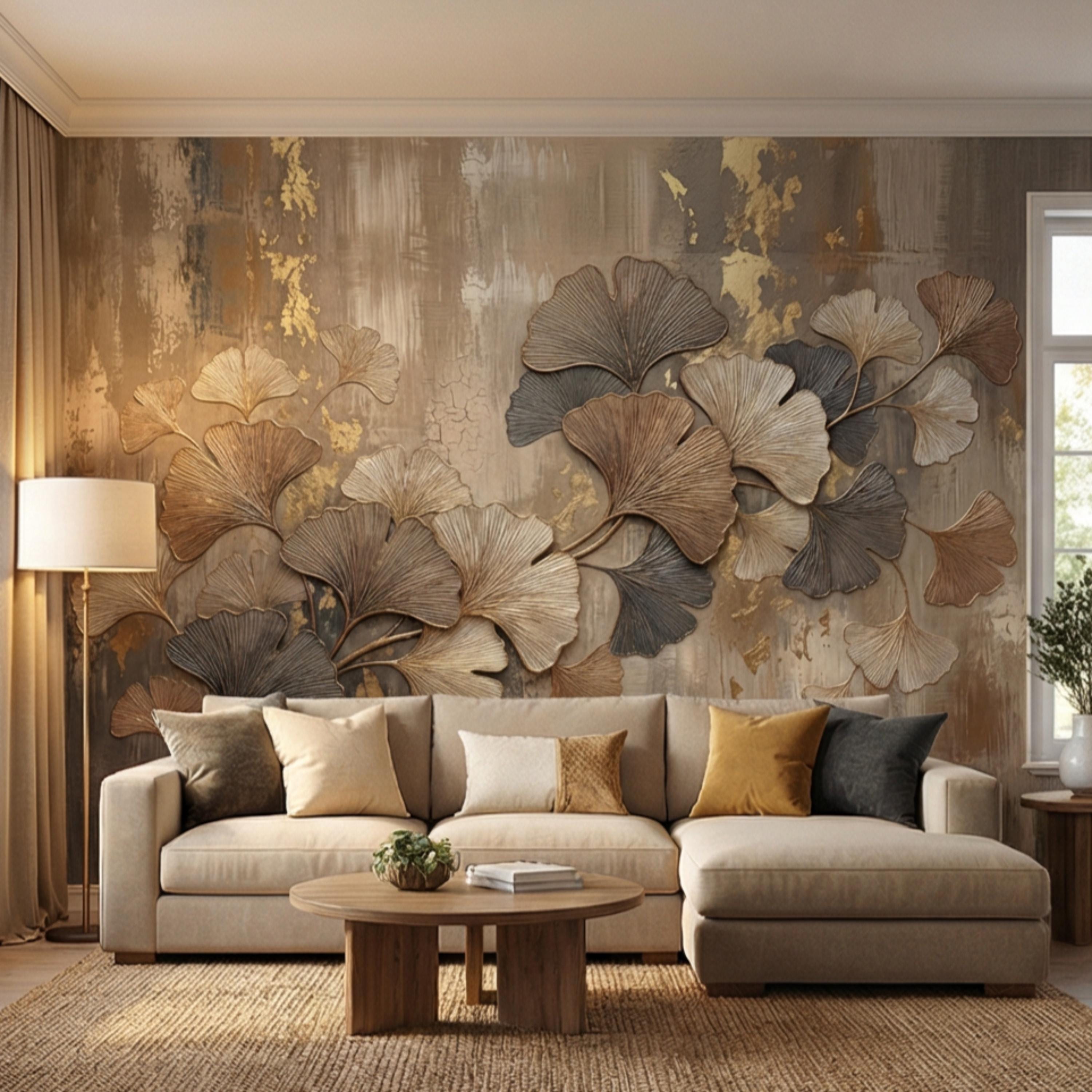 Textured Ginkgo Leaf Peel and Stick Wall Mural, Neutral Designer Botanical Wallpaper, Modern Luxury Interior Statement Wall Decor