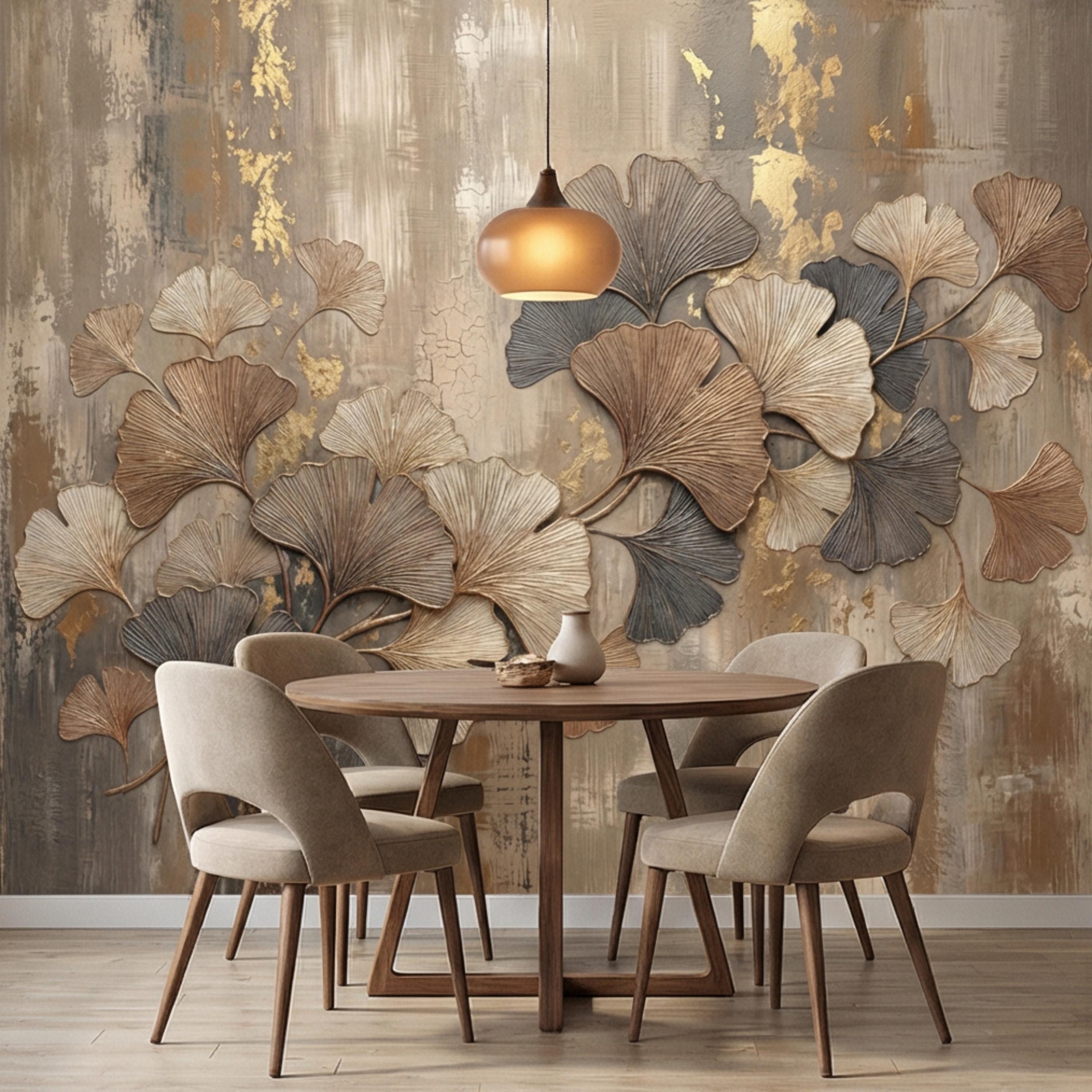 Textured Ginkgo Leaf Peel and Stick Wall Mural, Neutral Designer Botanical Wallpaper, Modern Luxury Interior Statement Wall Decor