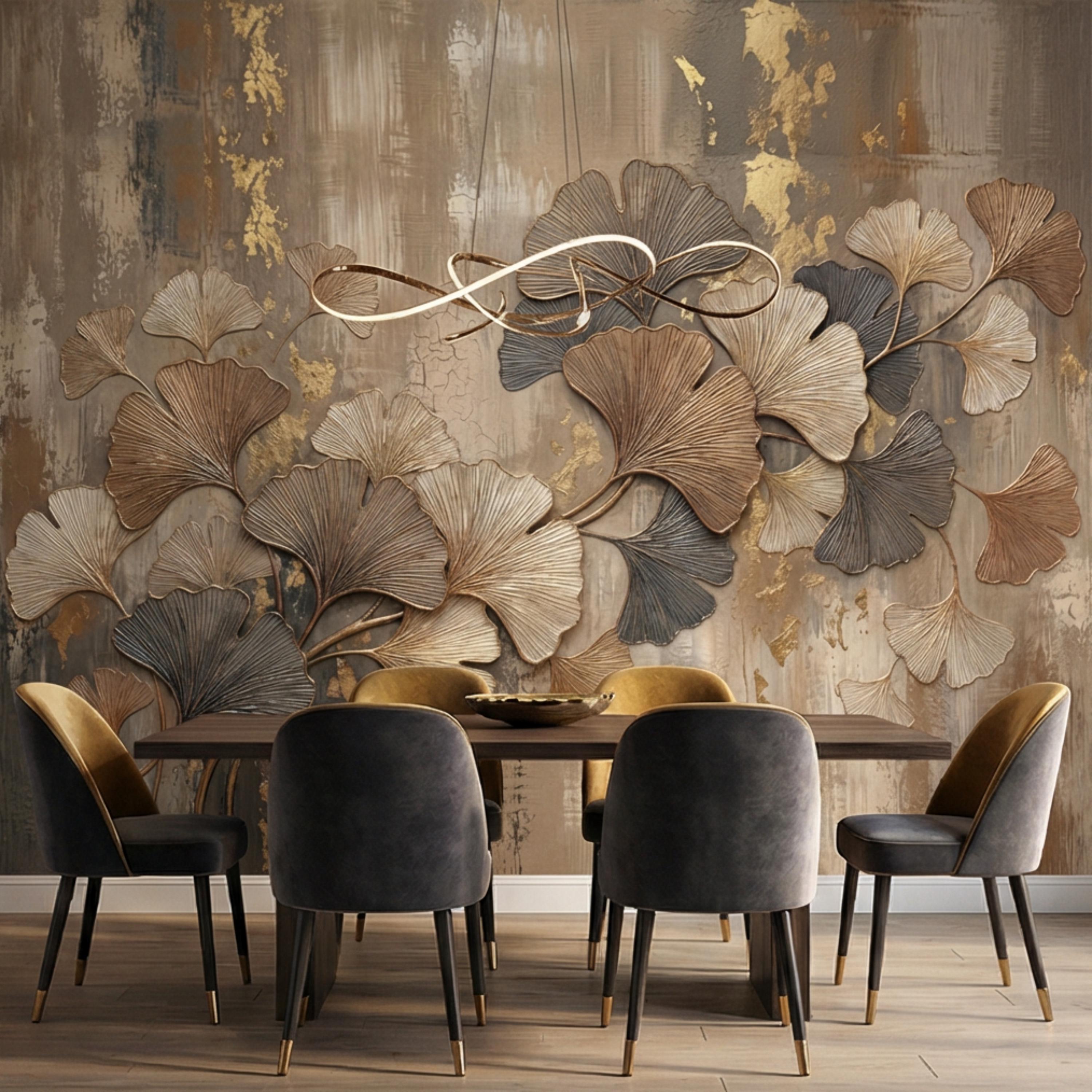 Textured Ginkgo Leaf Peel and Stick Wall Mural, Neutral Designer Botanical Wallpaper, Modern Luxury Interior Statement Wall Decor